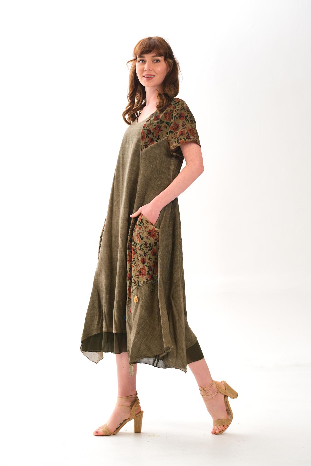 4588 Büyük Beden Asimetrik Etek Cepli Kısa Kol Otantik Pamuklu Elbise