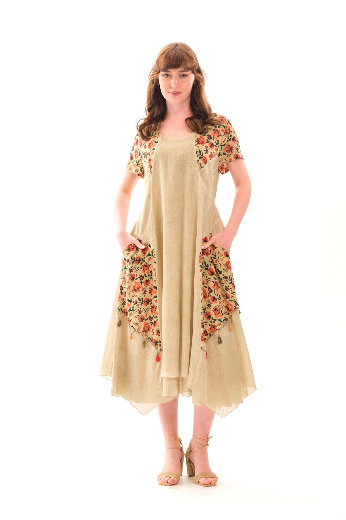 4588 Büyük Beden Asimetrik Etek Cepli Kısa Kol Otantik Pamuklu Elbise