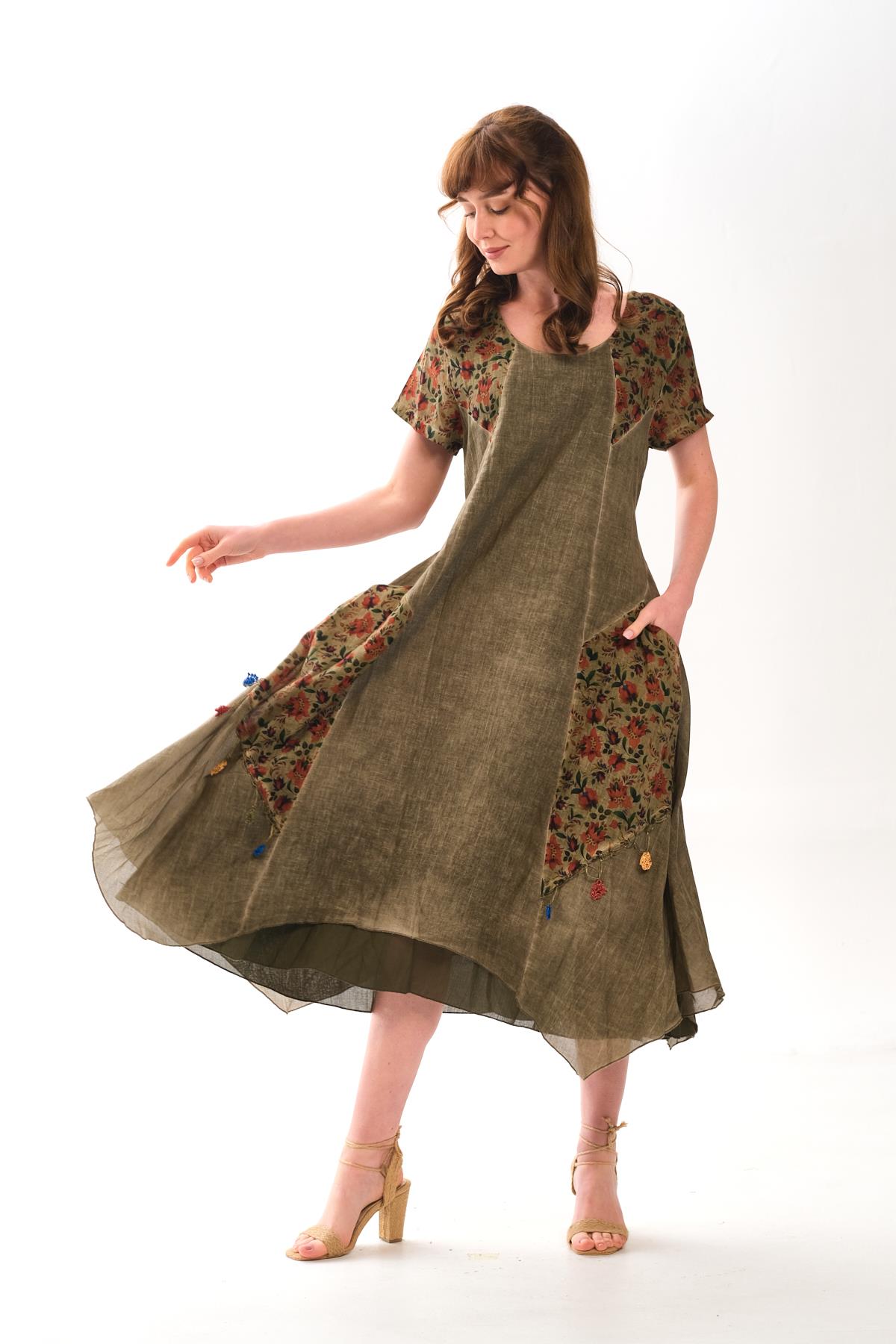 4588 Büyük Beden Asimetrik Etek Cepli Kısa Kol Otantik Pamuklu Elbise