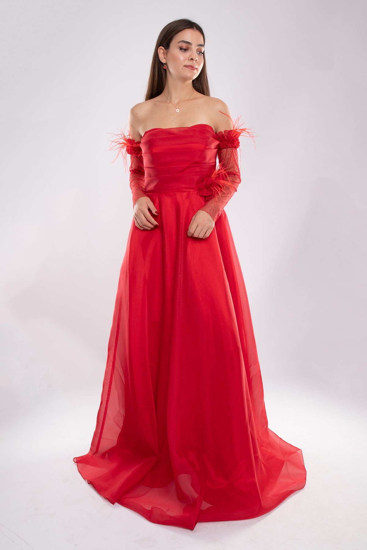 461 Takma Kollu Straplez Organze Tül Nişanlık