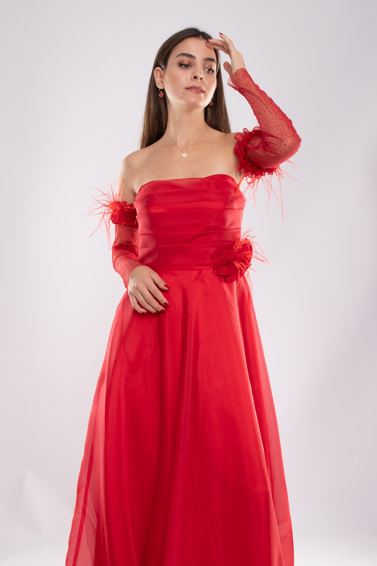 461 Takma Kollu Straplez Organze Tül Nişanlık