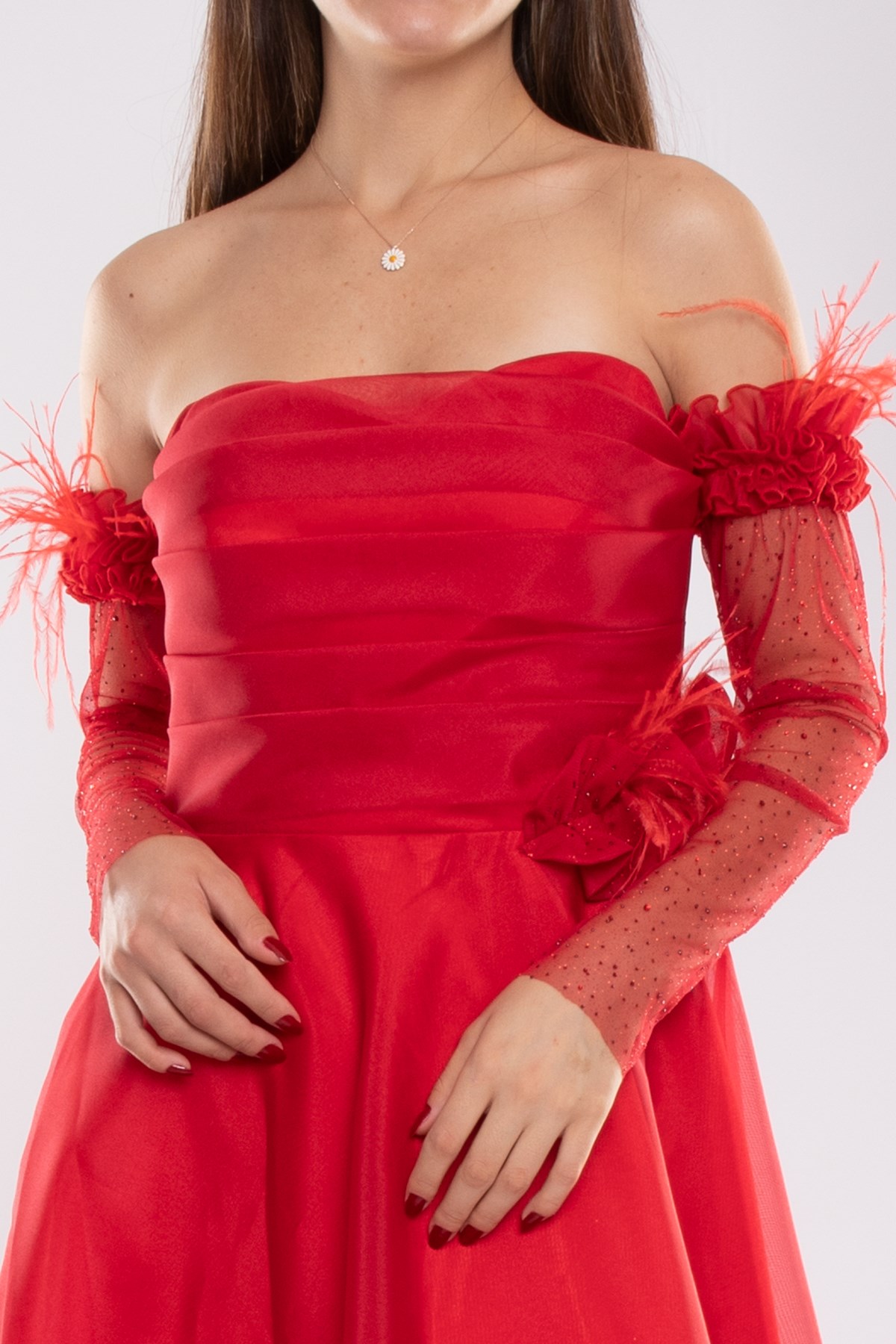 461 Takma Kollu Straplez Organze Tül Nişanlık