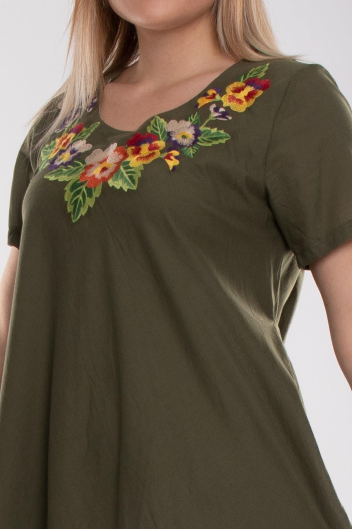 4614 Yaka Çiçek Nakışlı Beli İpli KısaKol Pamuk Otantik Elbise