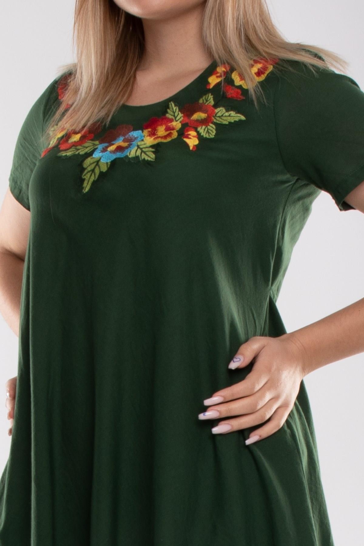 4614 Yaka Çiçek Nakışlı Beli İpli KısaKol Pamuk Otantik Elbise