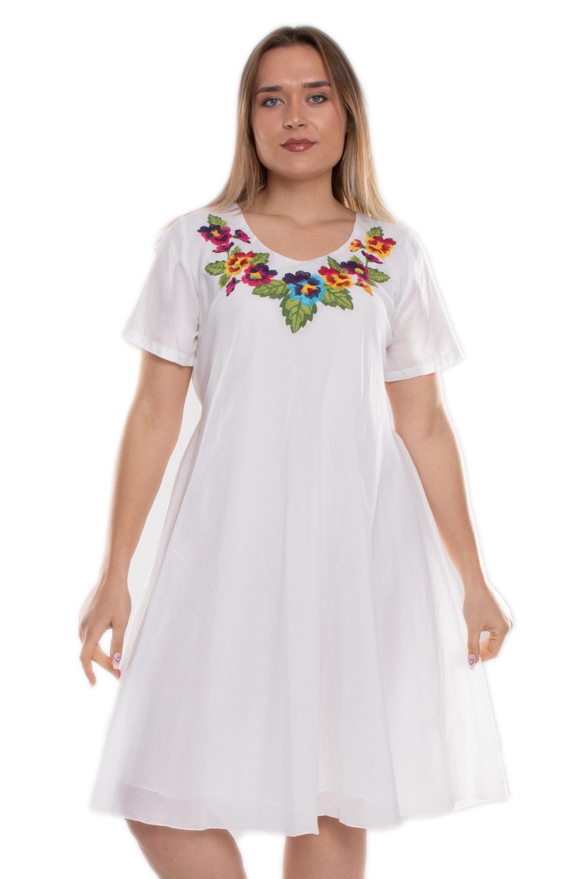 4614 Yaka Çiçek Nakışlı Beli İpli KısaKol Pamuk Otantik Elbise