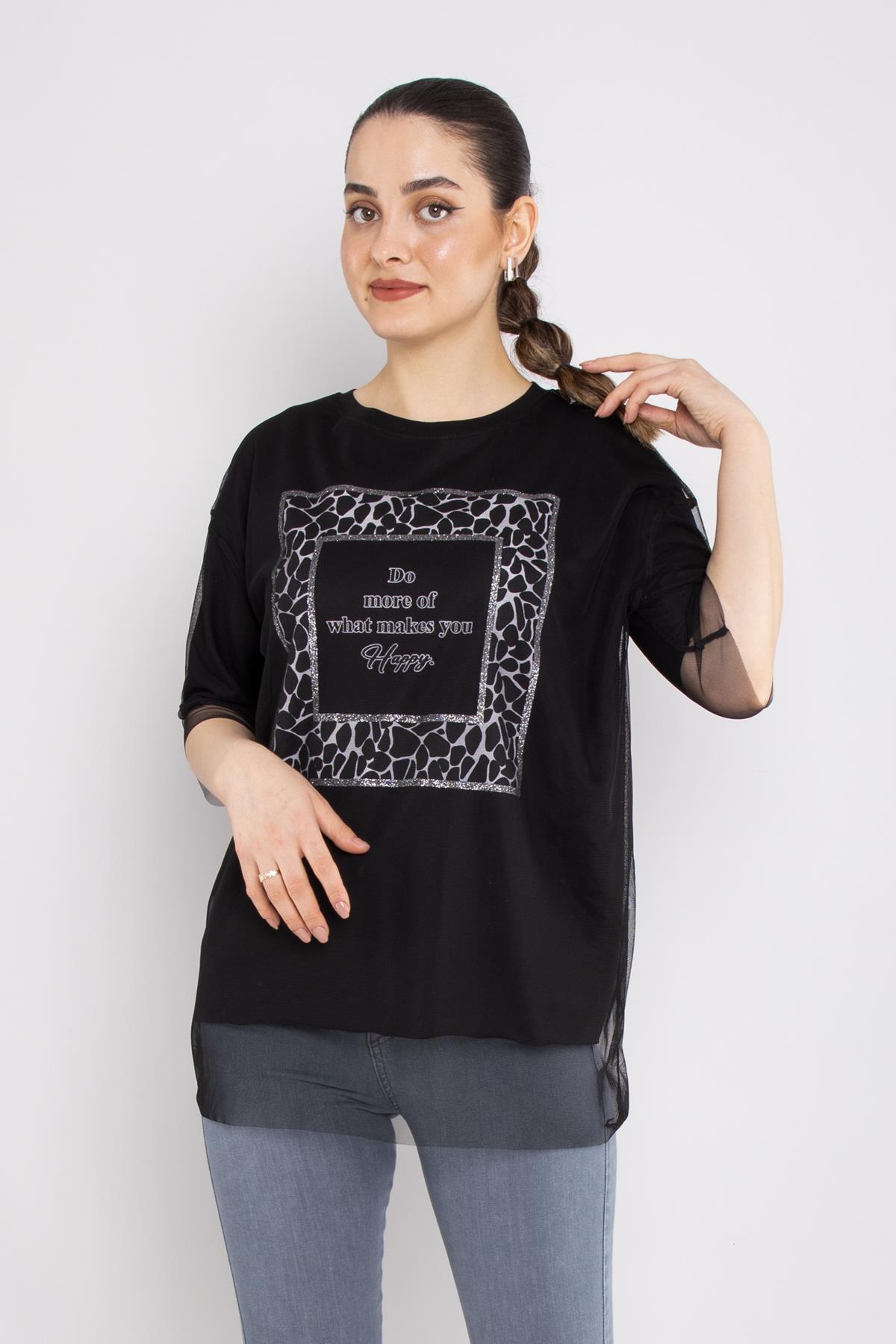 4630 Tüllü Leopar Desenli Bisiklet Yaka Pamuklu Tshirt