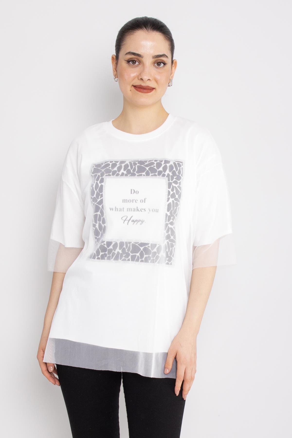 4630 Tüllü Leopar Desenli Bisiklet Yaka Pamuklu Tshirt