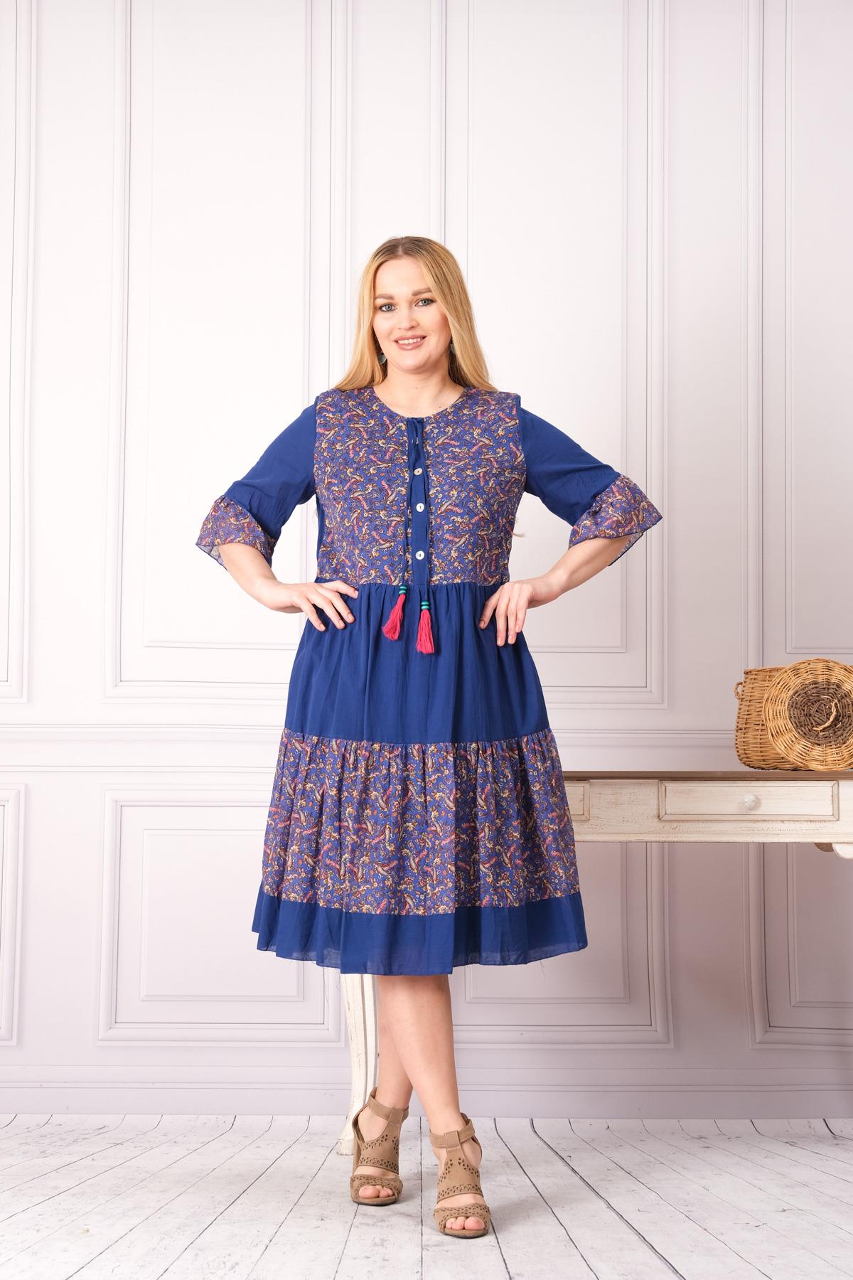 4641-1 Büyük Beden Desenli Yaka Düğmeli Katkat Kısa Kol Pamuk Otantik Elbise