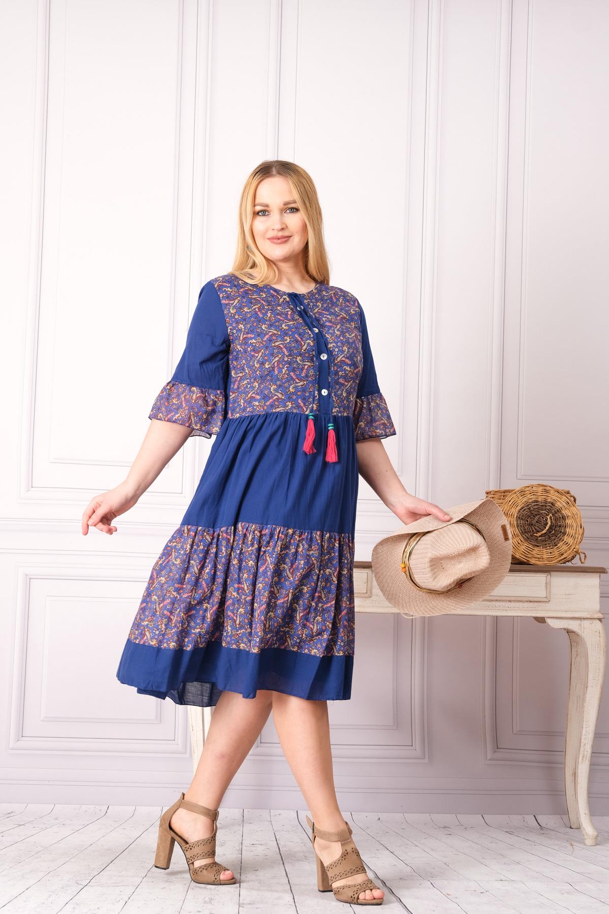 4641-1 Büyük Beden Desenli Yaka Düğmeli Katkat Kısa Kol Pamuk Otantik Elbise