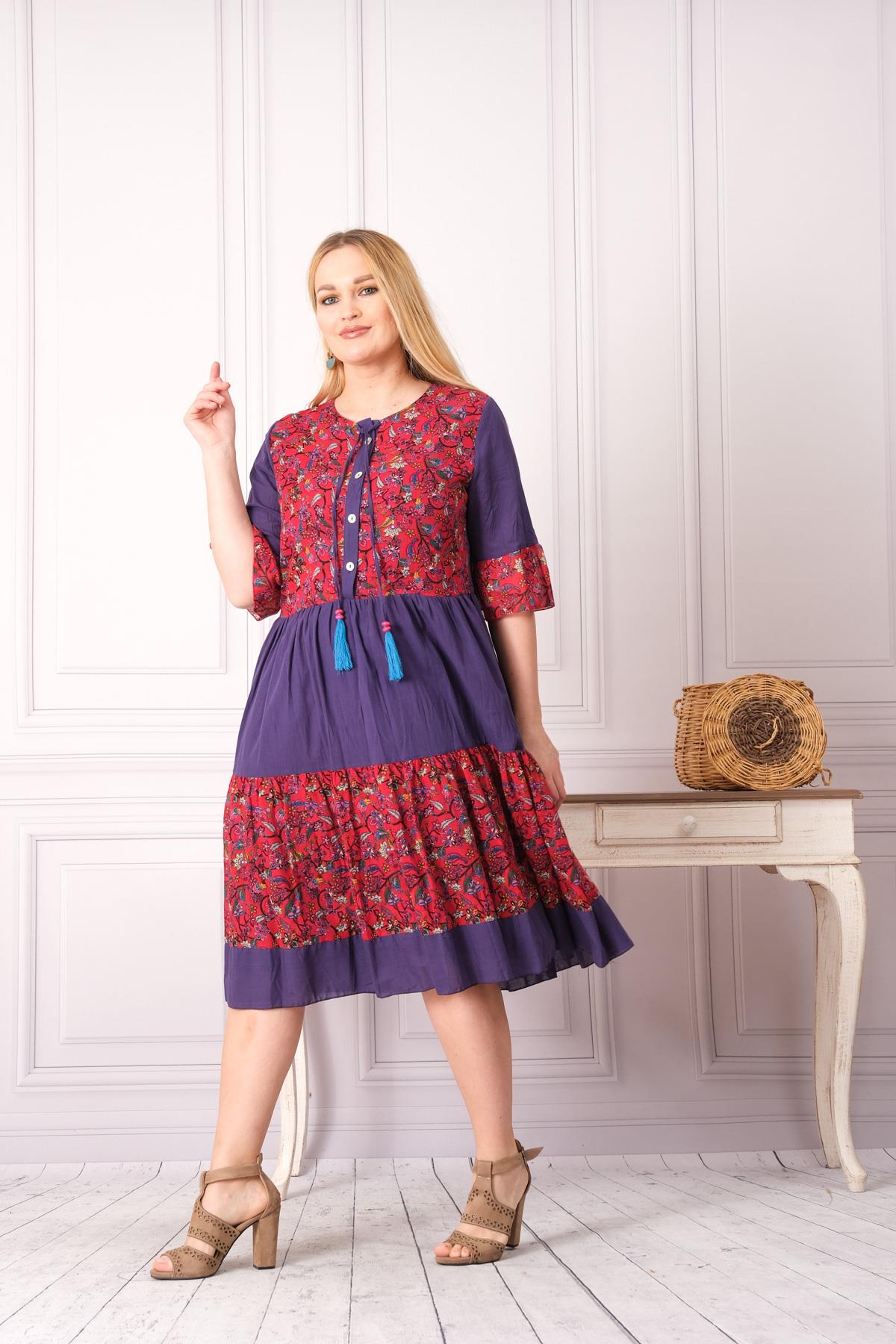 4641-1 Büyük Beden Desenli Yaka Düğmeli Katkat Kısa Kol Pamuk Otantik Elbise