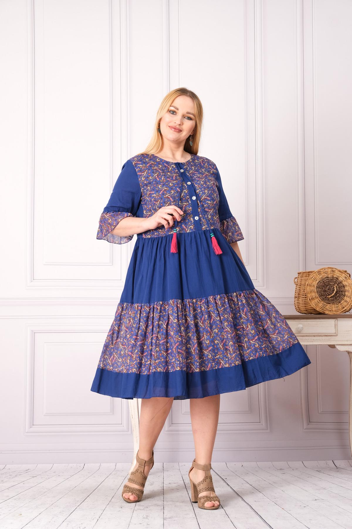 4641-1 Büyük Beden Desenli Yaka Düğmeli Katkat Kısa Kol Pamuk Otantik Elbise