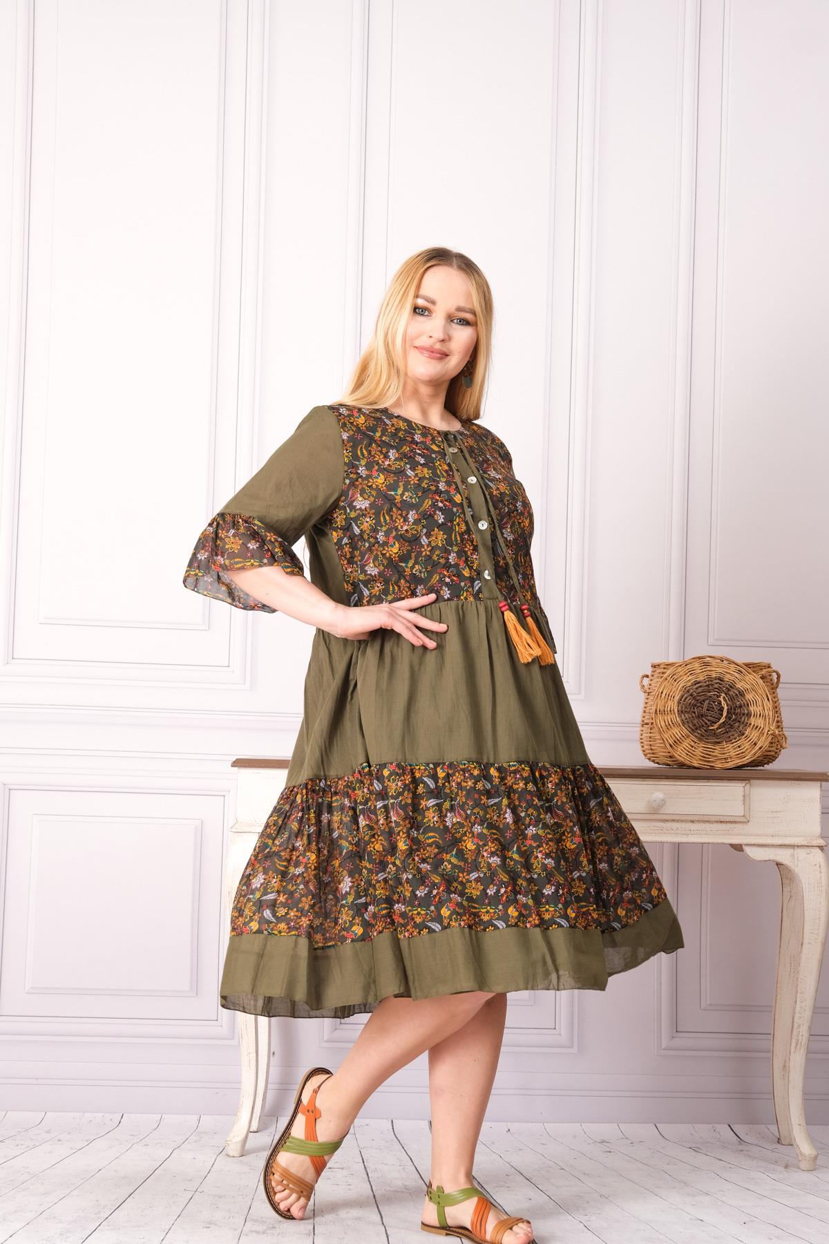 4641-1 Büyük Beden Desenli Yaka Düğmeli Katkat Kısa Kol Pamuk Otantik Elbise