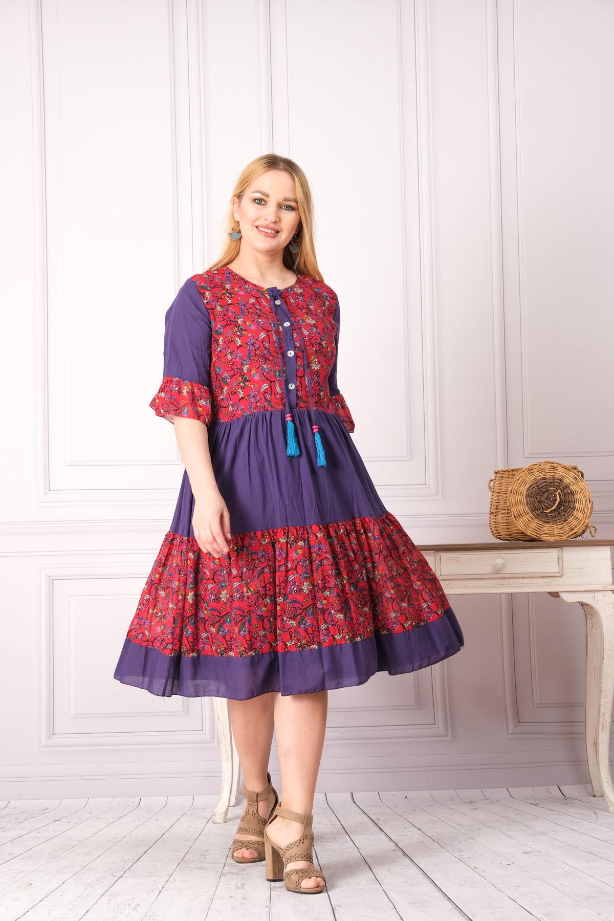 4641-1 Büyük Beden Desenli Yaka Düğmeli Katkat Kısa Kol Pamuk Otantik Elbise