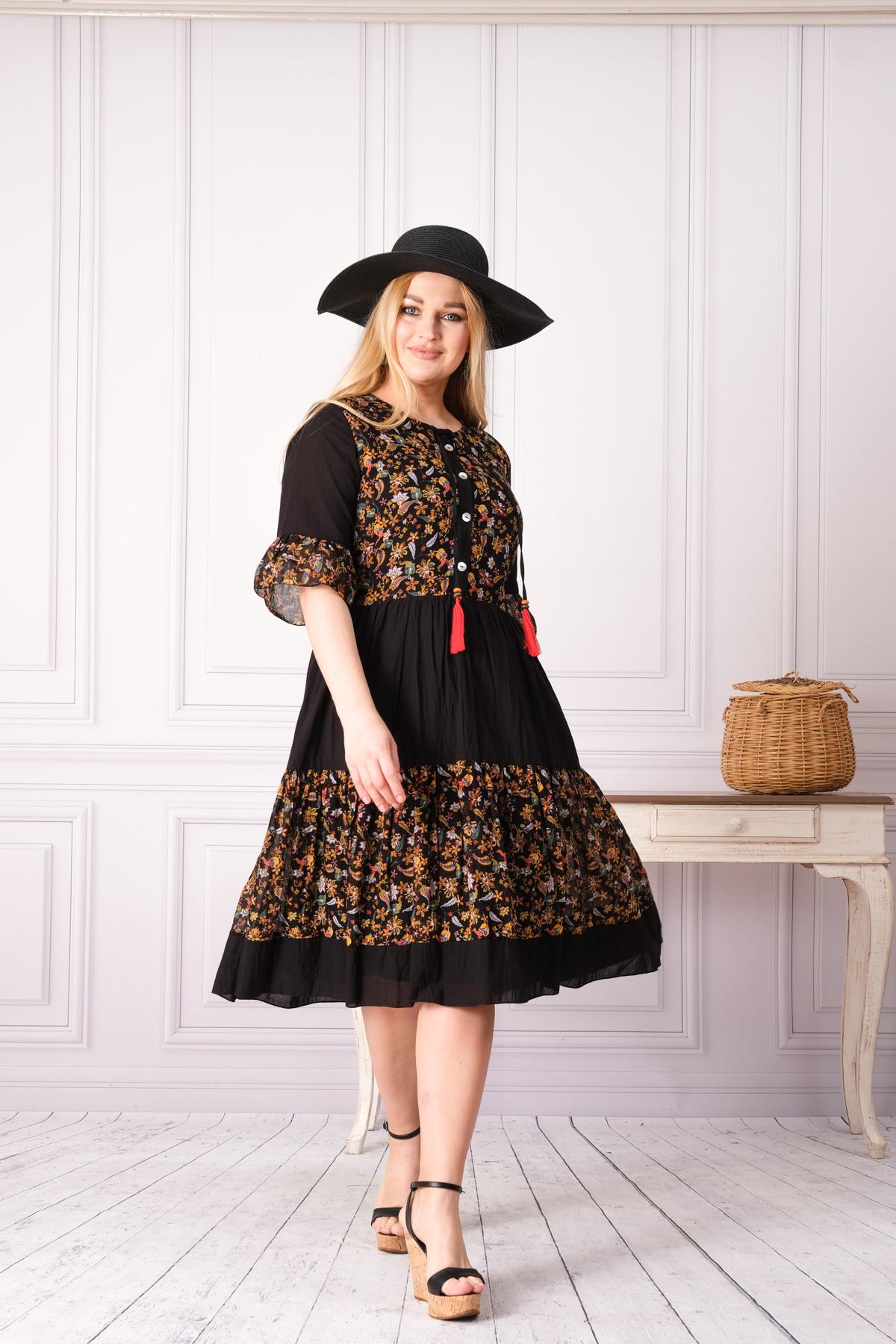 4641-1 Büyük Beden Desenli Yaka Düğmeli Katkat Kısa Kol Pamuk Otantik Elbise