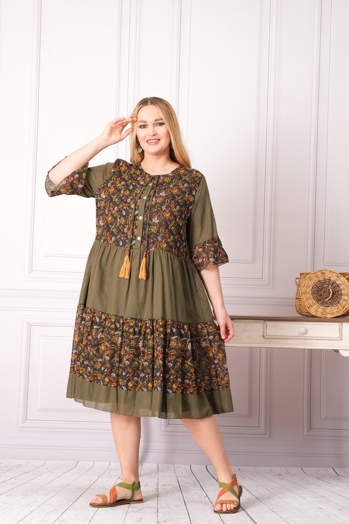 4641-1 Büyük Beden Desenli Yaka Düğmeli Katkat Kısa Kol Pamuk Otantik Elbise