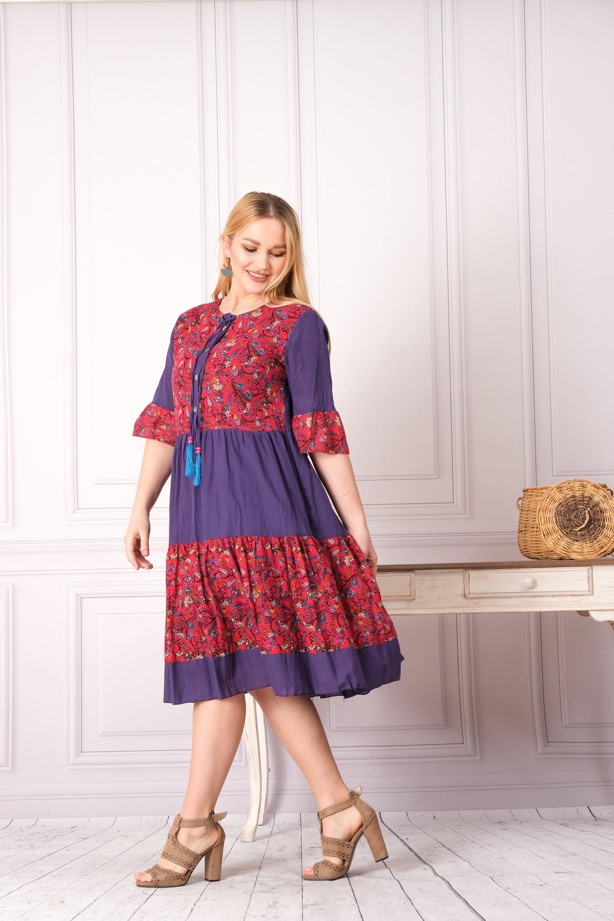 4641-1 Büyük Beden Desenli Yaka Düğmeli Katkat Kısa Kol Pamuk Otantik Elbise