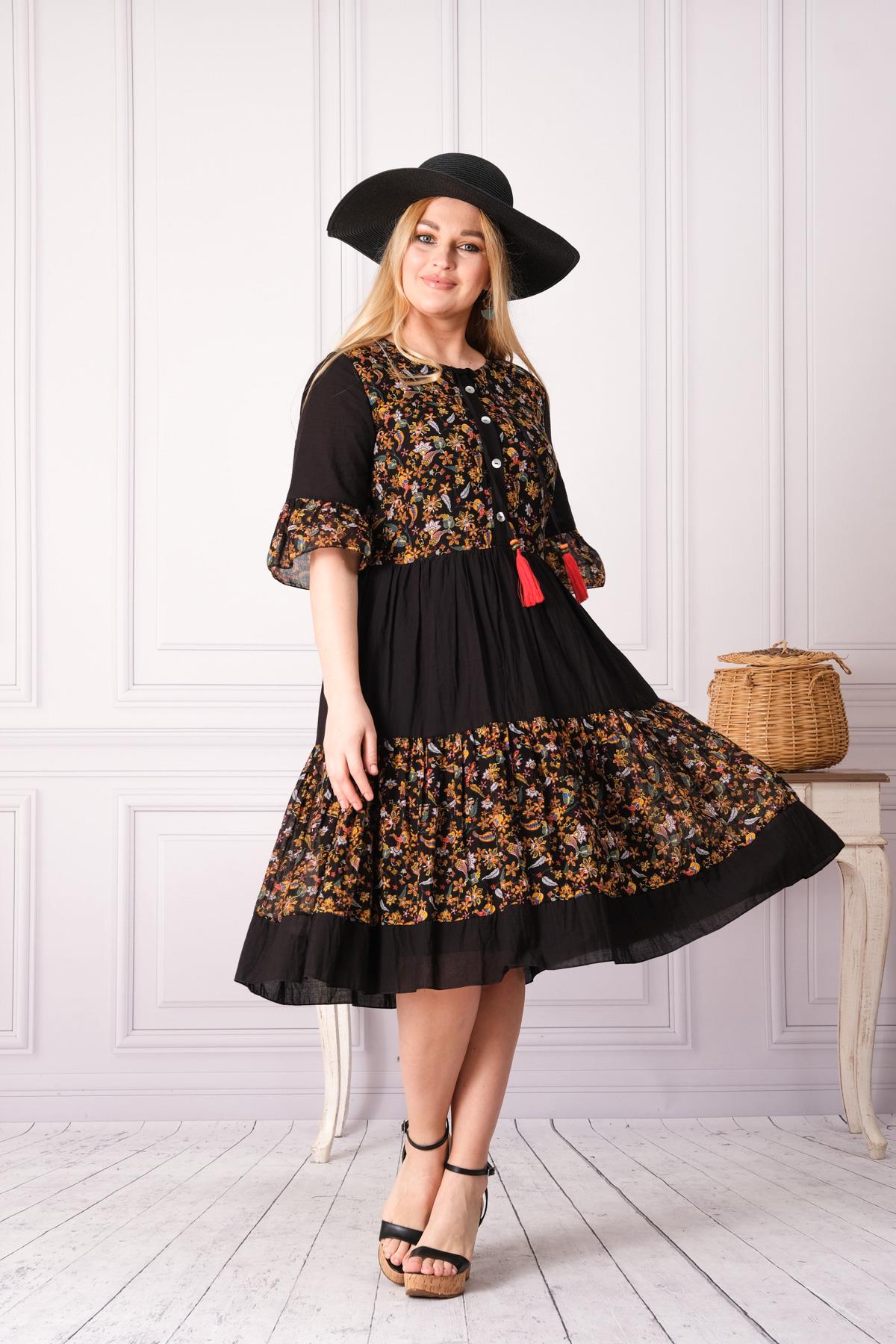 4641-1 Büyük Beden Desenli Yaka Düğmeli Katkat Kısa Kol Pamuk Otantik Elbise