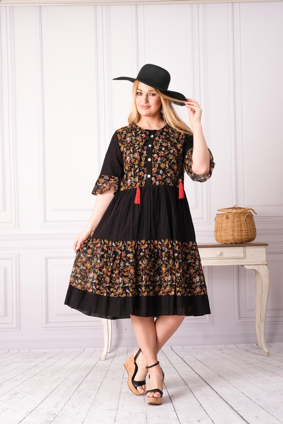 4641-1 Büyük Beden Desenli Yaka Düğmeli Katkat Kısa Kol Pamuk Otantik Elbise