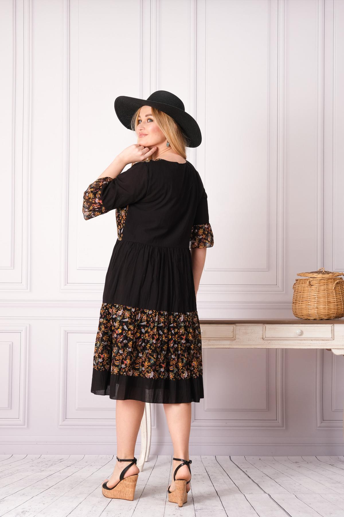 4641-1 Büyük Beden Desenli Yaka Düğmeli Katkat Kısa Kol Pamuk Otantik Elbise