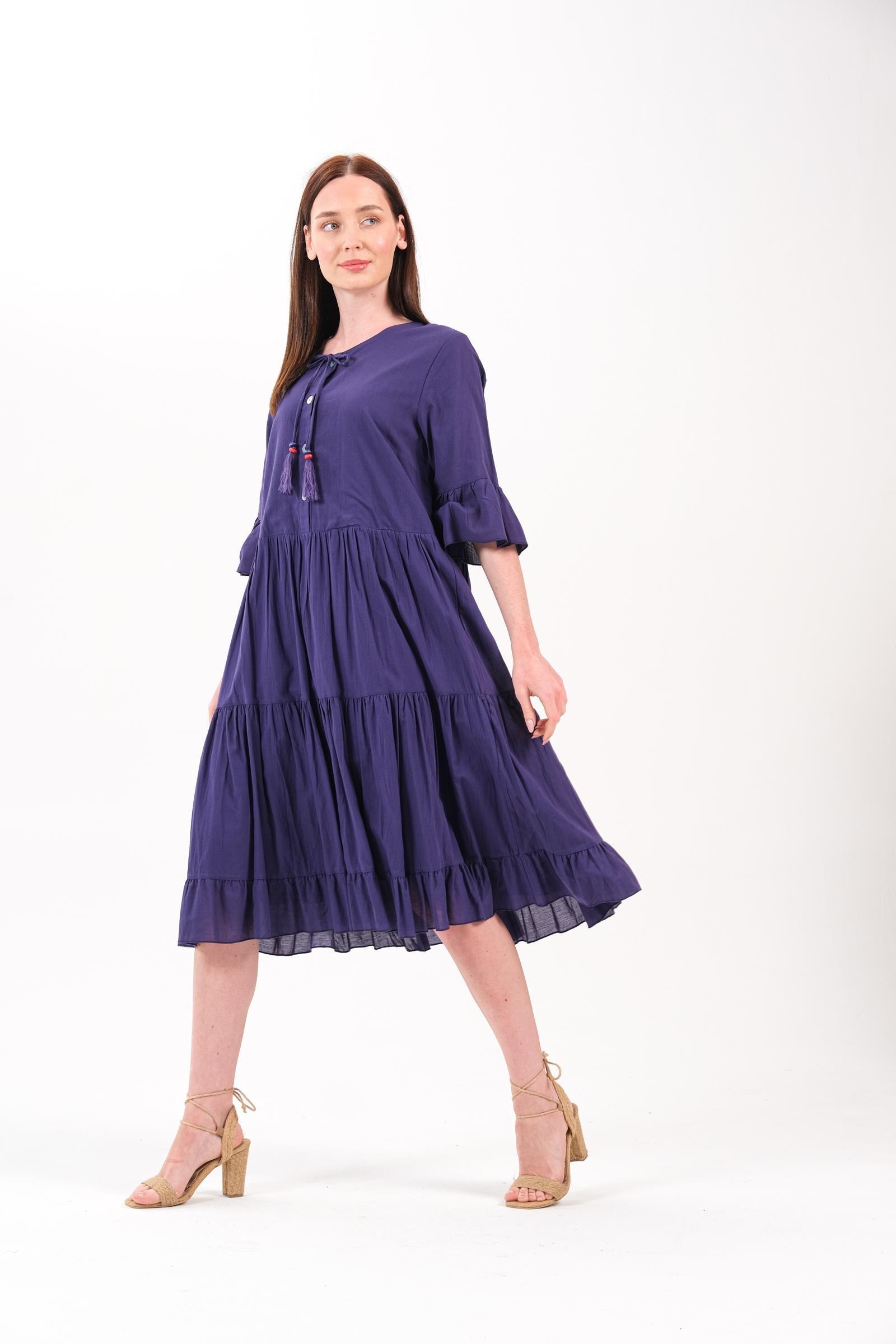 4641-3 Büyük Beden Yaka Düğmeli Truvakar Kol Pamuklu Otantik Elbise