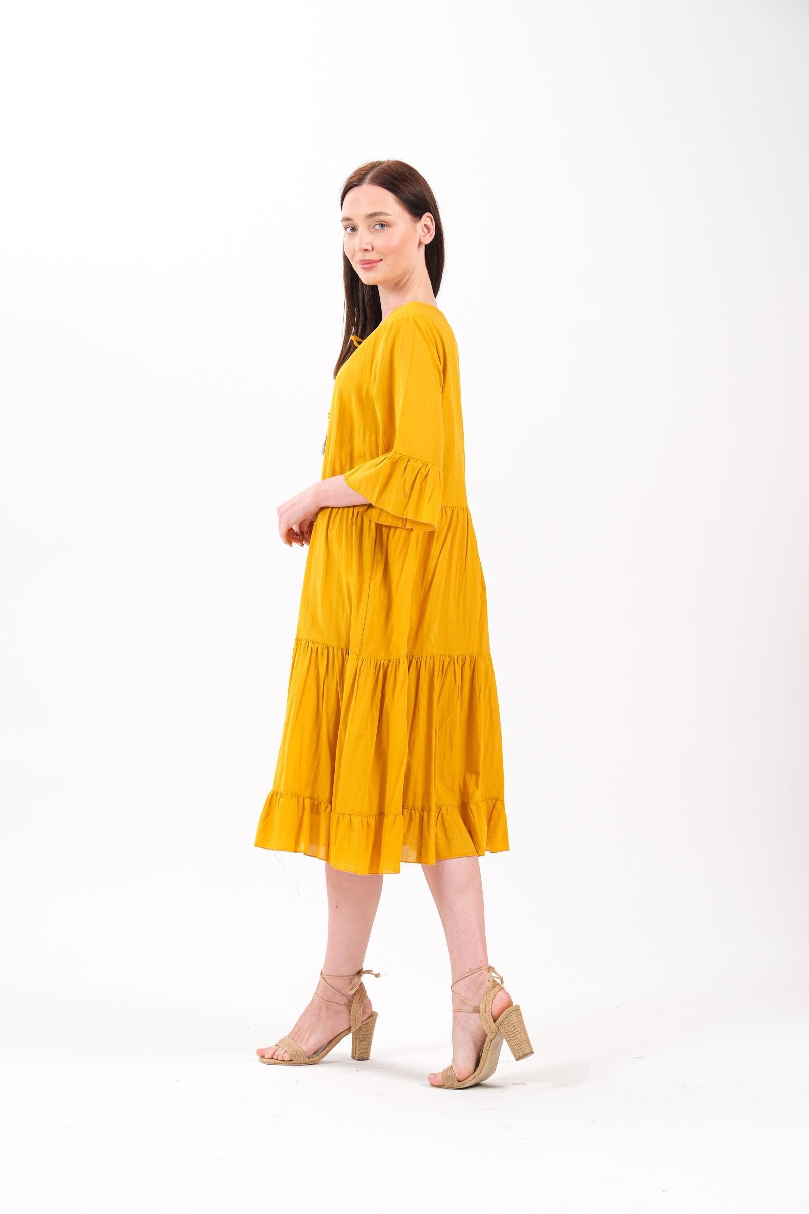 4641-3 Büyük Beden Yaka Düğmeli Truvakar Kol Pamuklu Otantik Elbise