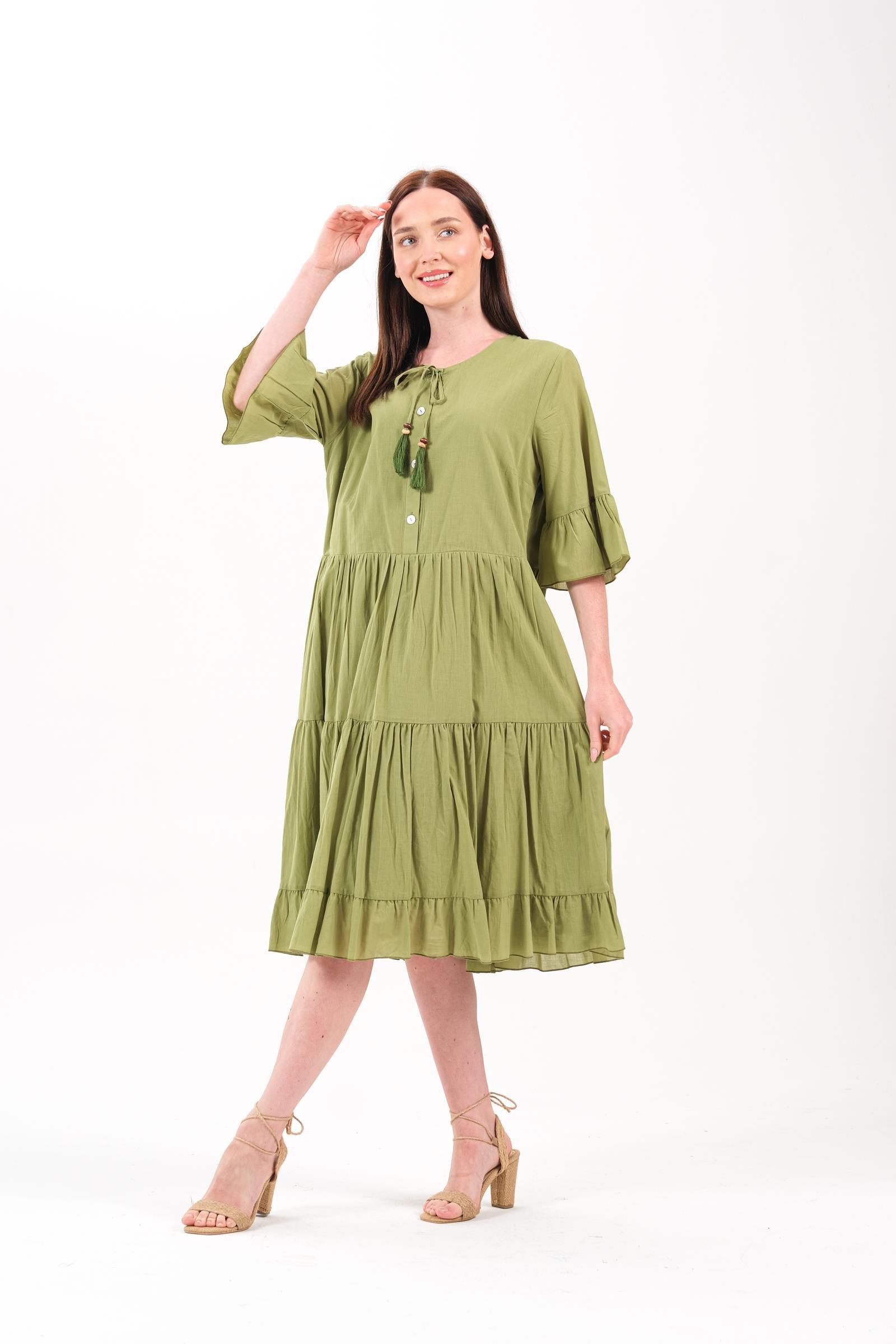 4641-3 Büyük Beden Yaka Düğmeli Truvakar Kol Pamuklu Otantik Elbise