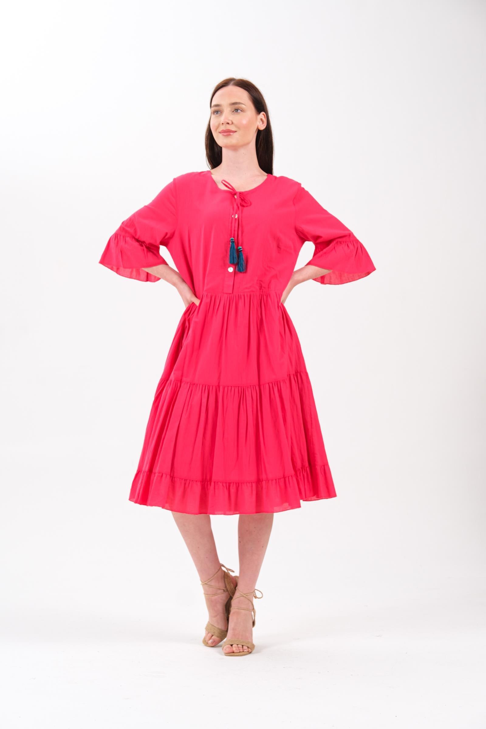 4641-3 Büyük Beden Yaka Düğmeli Truvakar Kol Pamuklu Otantik Elbise