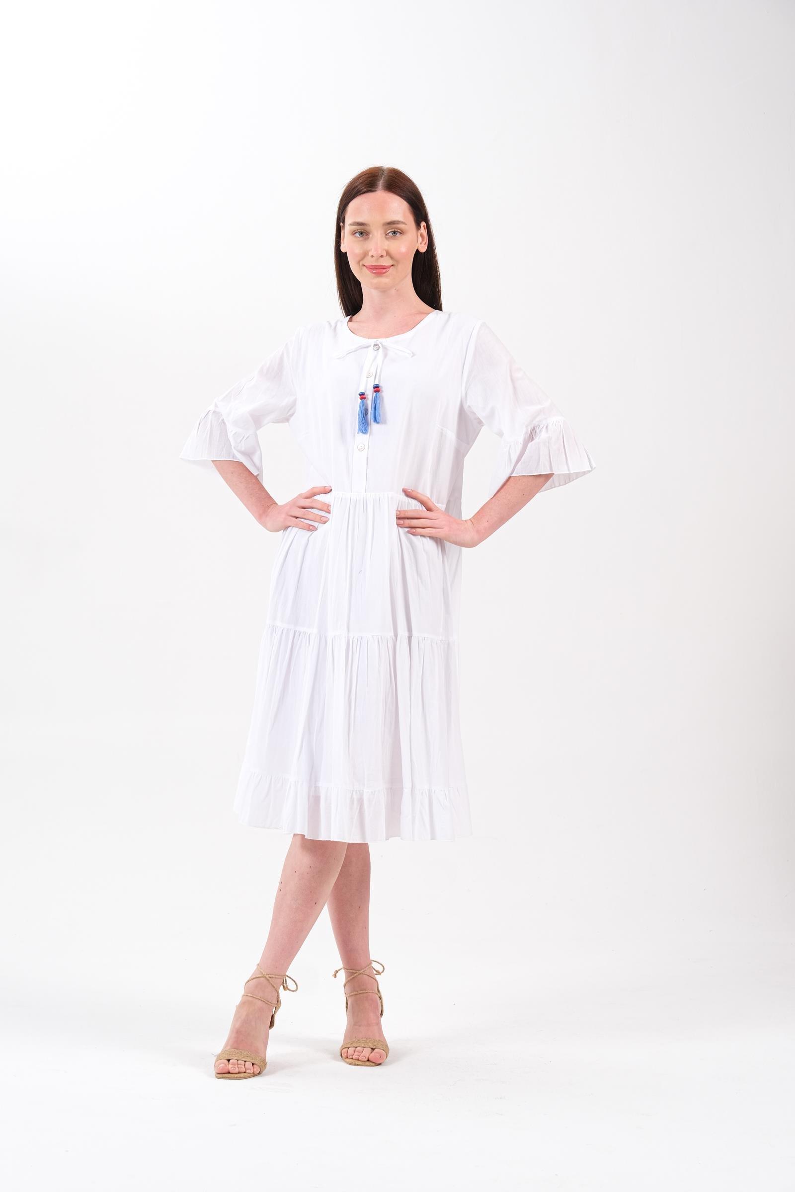 4641-3 Büyük Beden Yaka Düğmeli Truvakar Kol Pamuklu Otantik Elbise