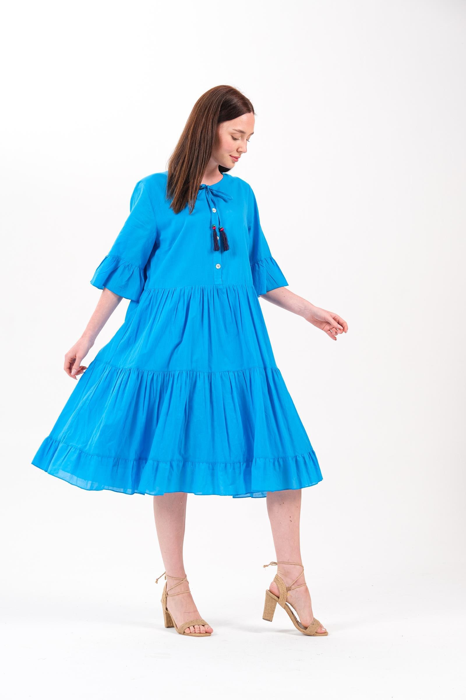 4641-3 Büyük Beden Yaka Düğmeli Truvakar Kol Pamuklu Otantik Elbise