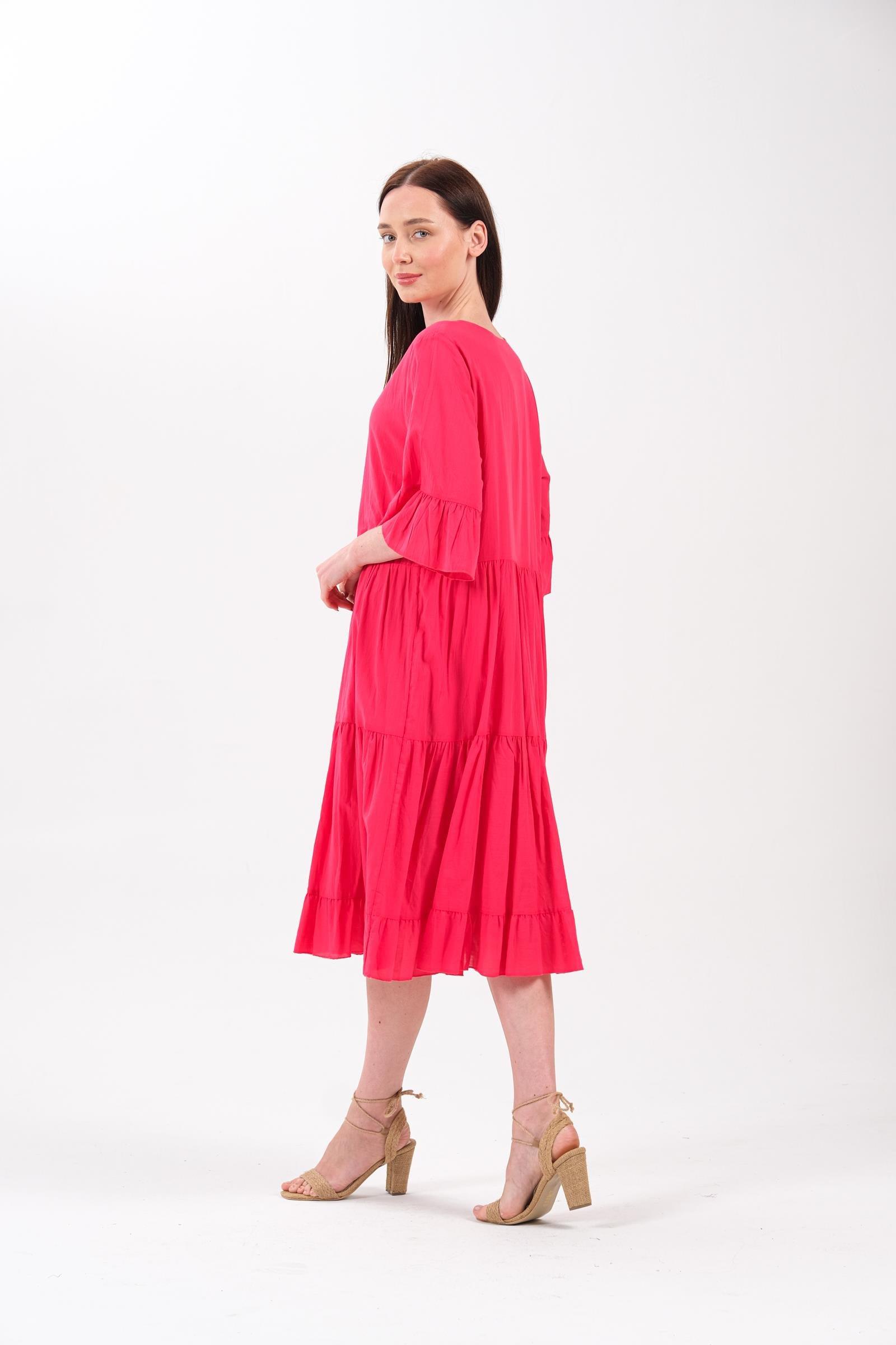 4641-3 Büyük Beden Yaka Düğmeli Truvakar Kol Pamuklu Otantik Elbise