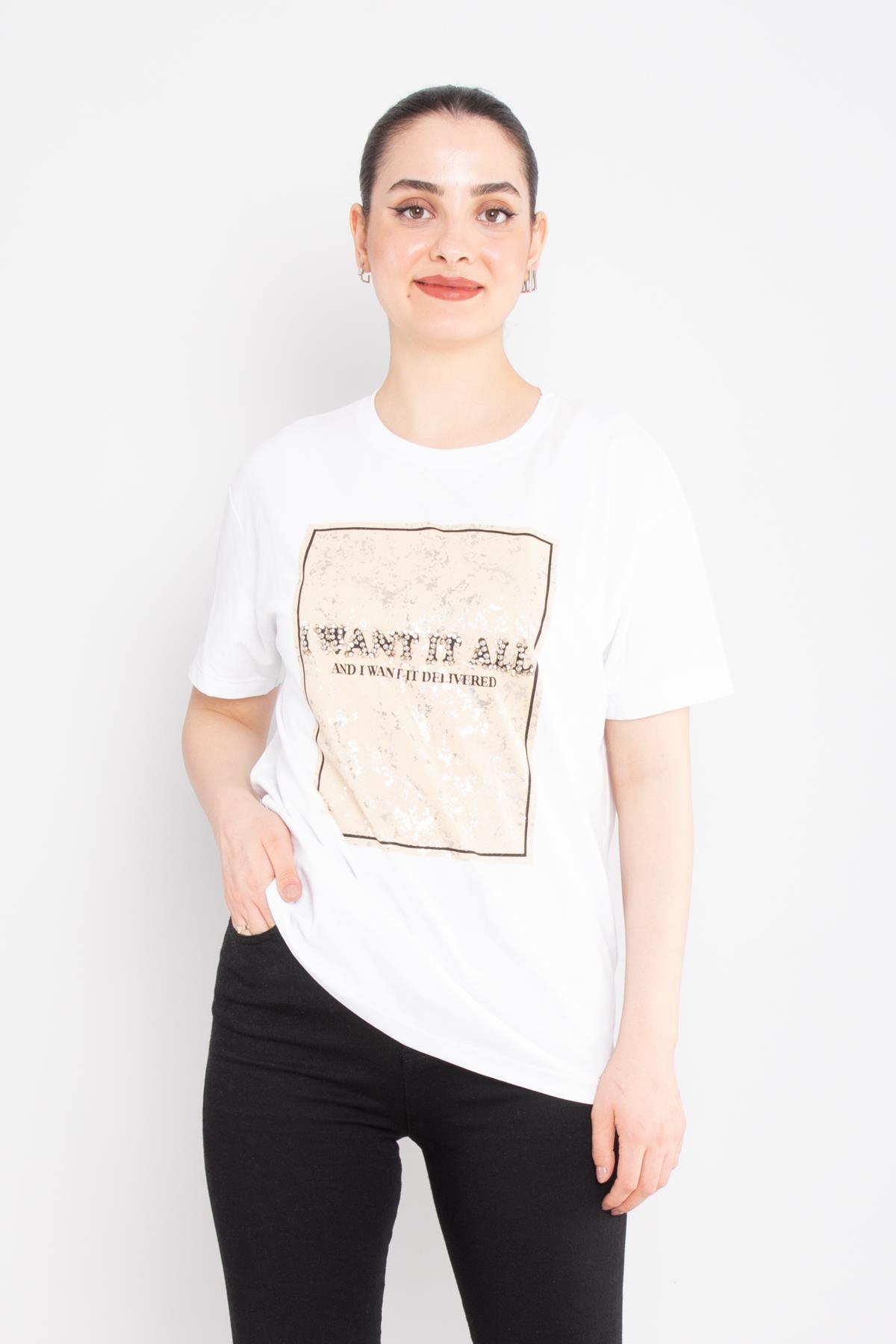 4658 Taşlı Boncuklu Yaldızlı Bisiklet Yaka Pamuklu Tshirt