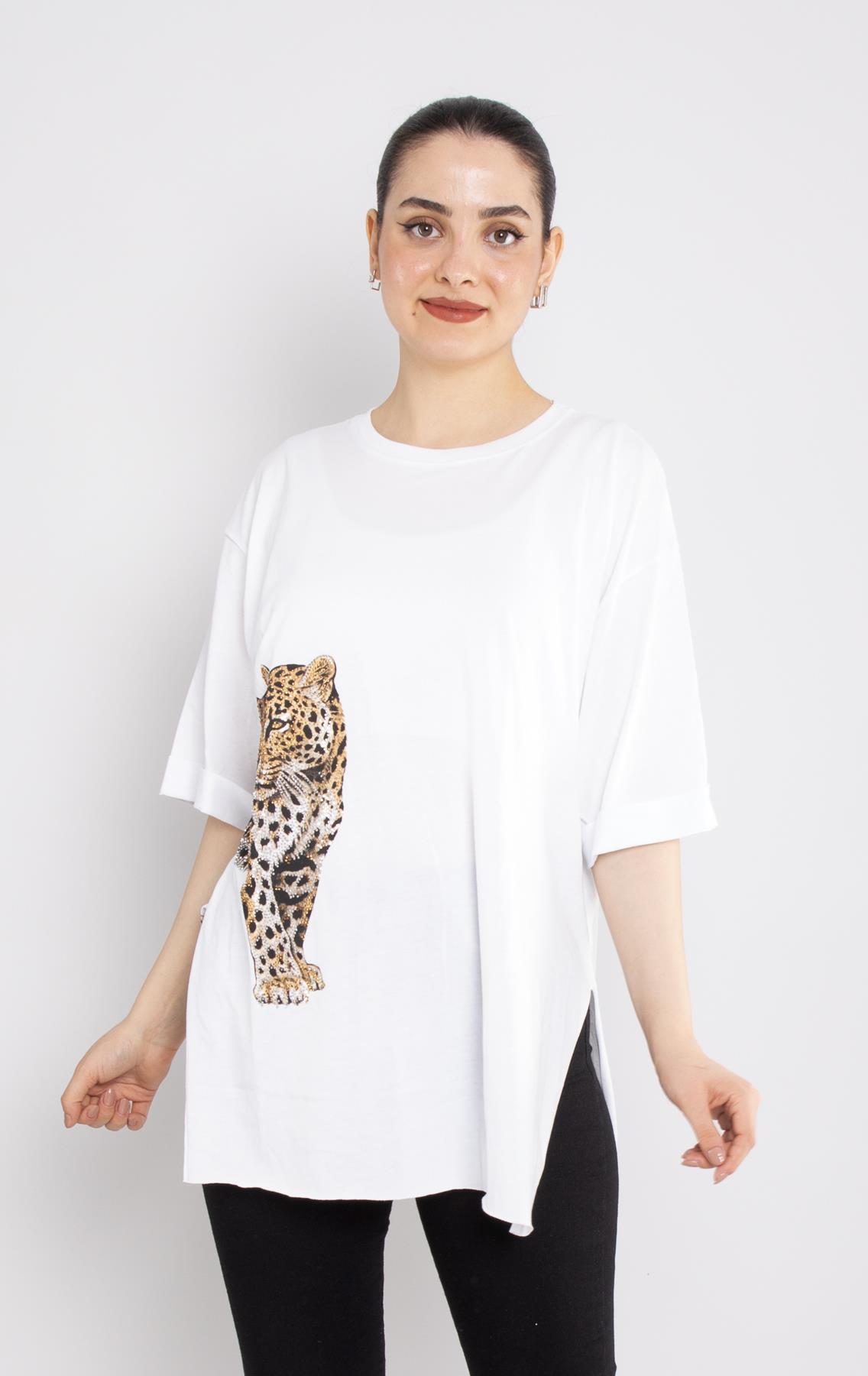 4682 Ön Arka Leopar Taş Baskılı Pamuklı Tshirt
