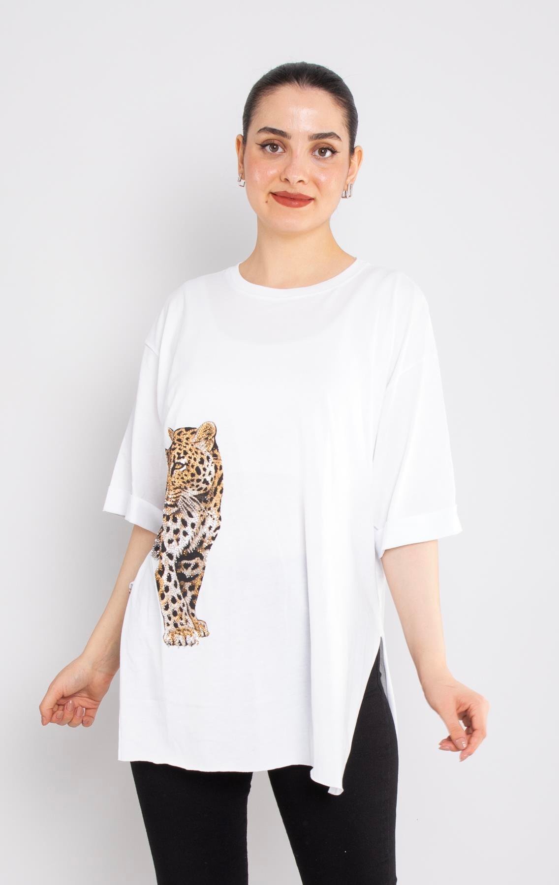 4682 Ön Arka Leopar Taş Baskılı Pamuklı Tshirt