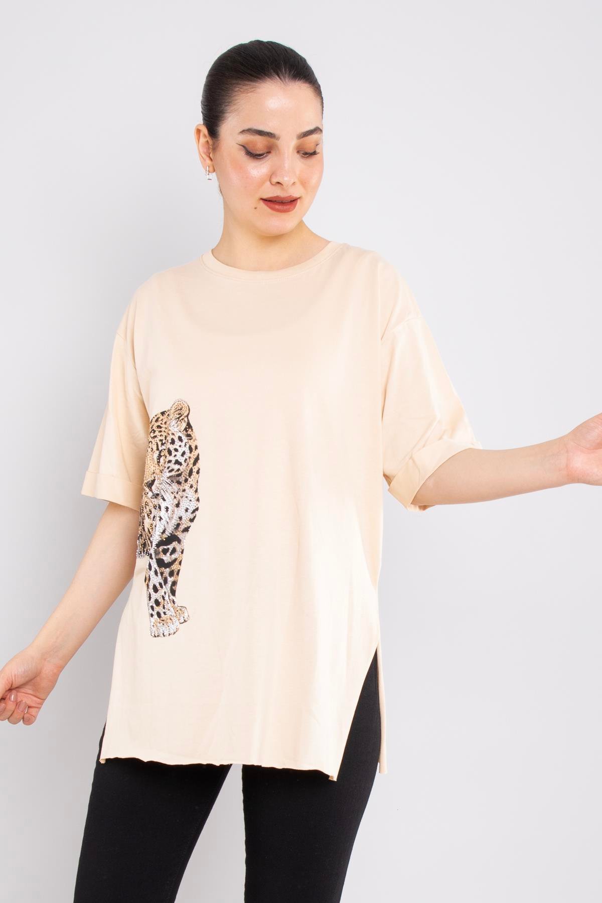 4682 Ön Arka Leopar Taş Baskılı Pamuklı Tshirt