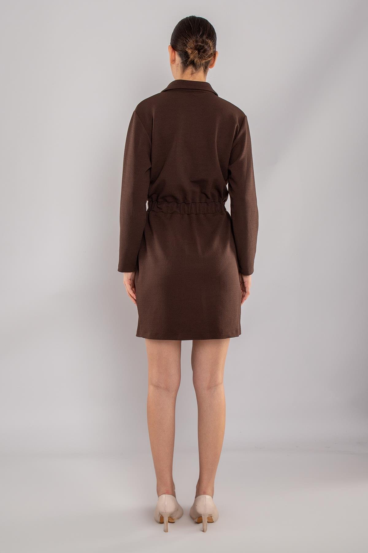 4710 Fermuarlı Yakalı Beli Lastikli Kuşaklı Uzun Kol Kısa Viscon Elbise