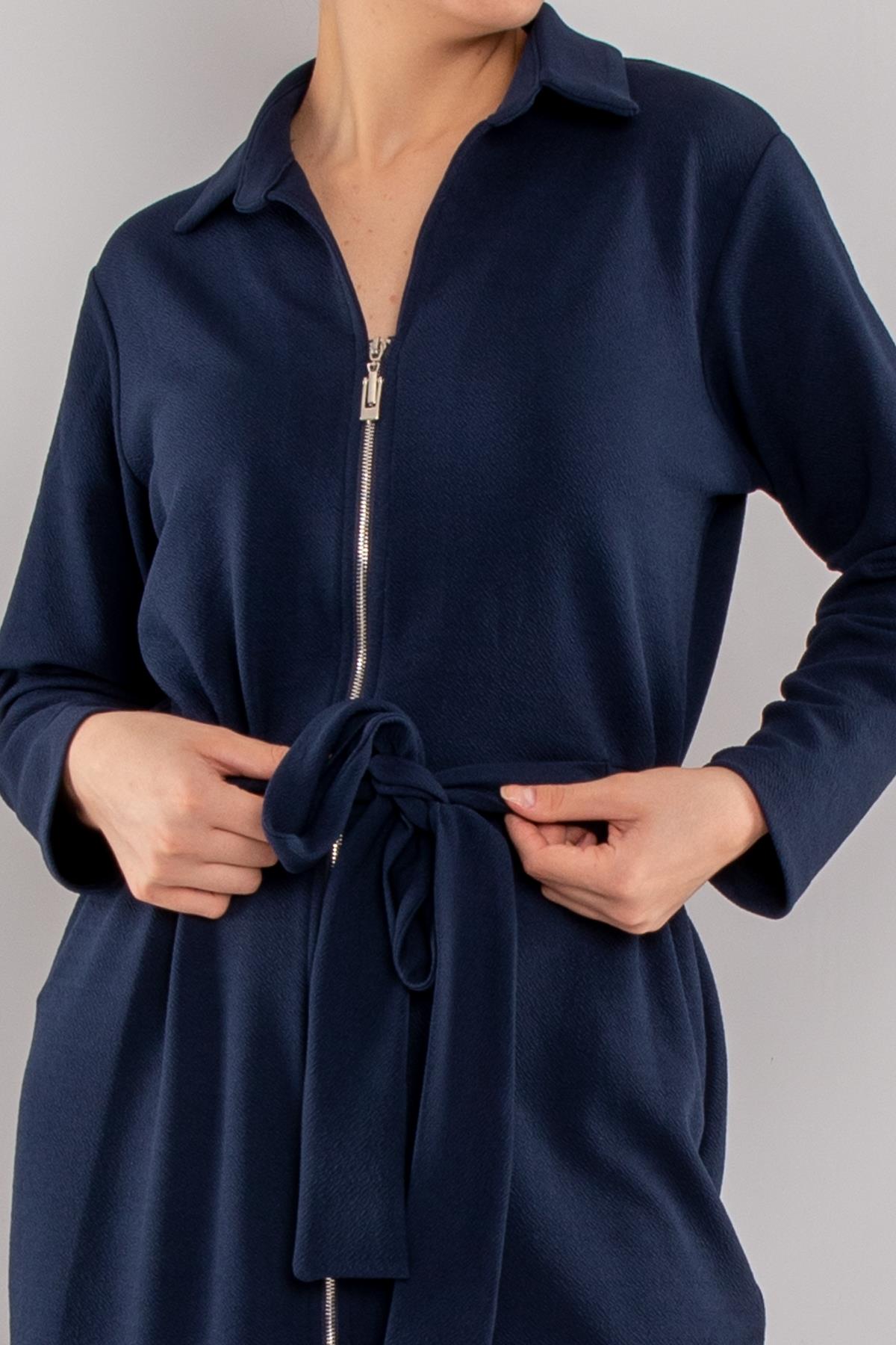 4710 Fermuarlı Yakalı Beli Lastikli Kuşaklı Uzun Kol Kısa Viscon Elbise