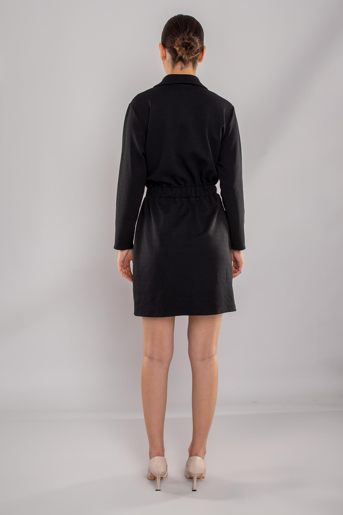 4710 Fermuarlı Yakalı Beli Lastikli Kuşaklı Uzun Kol Kısa Viscon Elbise