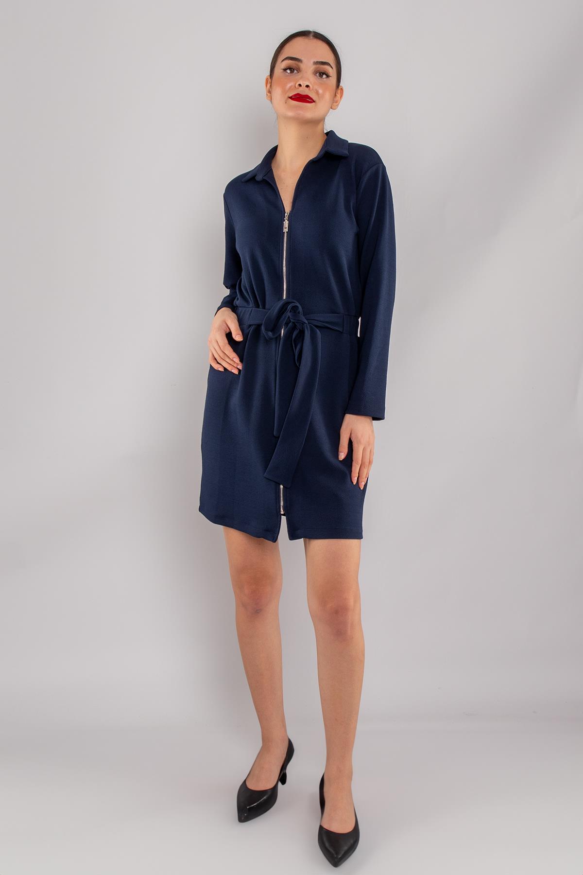 4710 Fermuarlı Yakalı Beli Lastikli Kuşaklı Uzun Kol Kısa Viscon Elbise