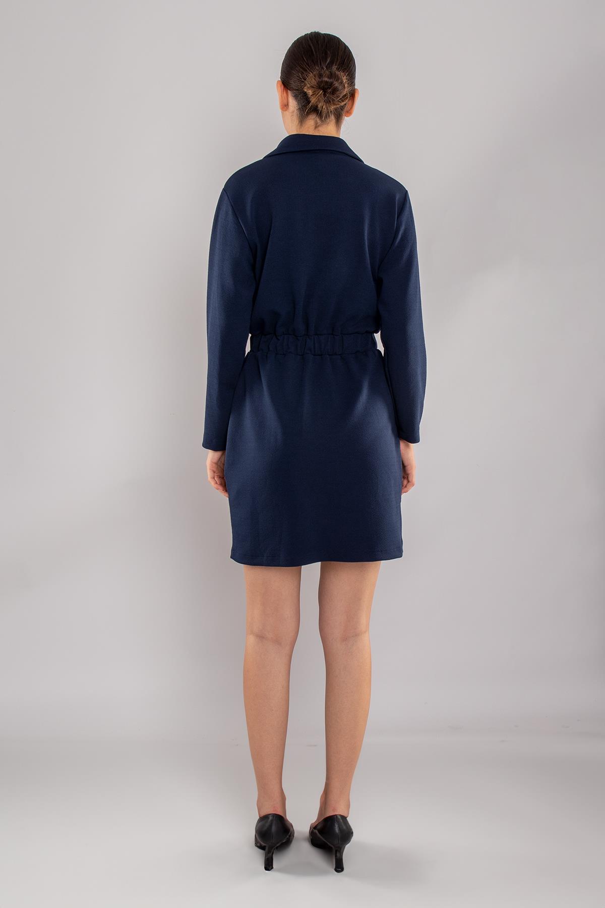 4710 Fermuarlı Yakalı Beli Lastikli Kuşaklı Uzun Kol Kısa Viscon Elbise