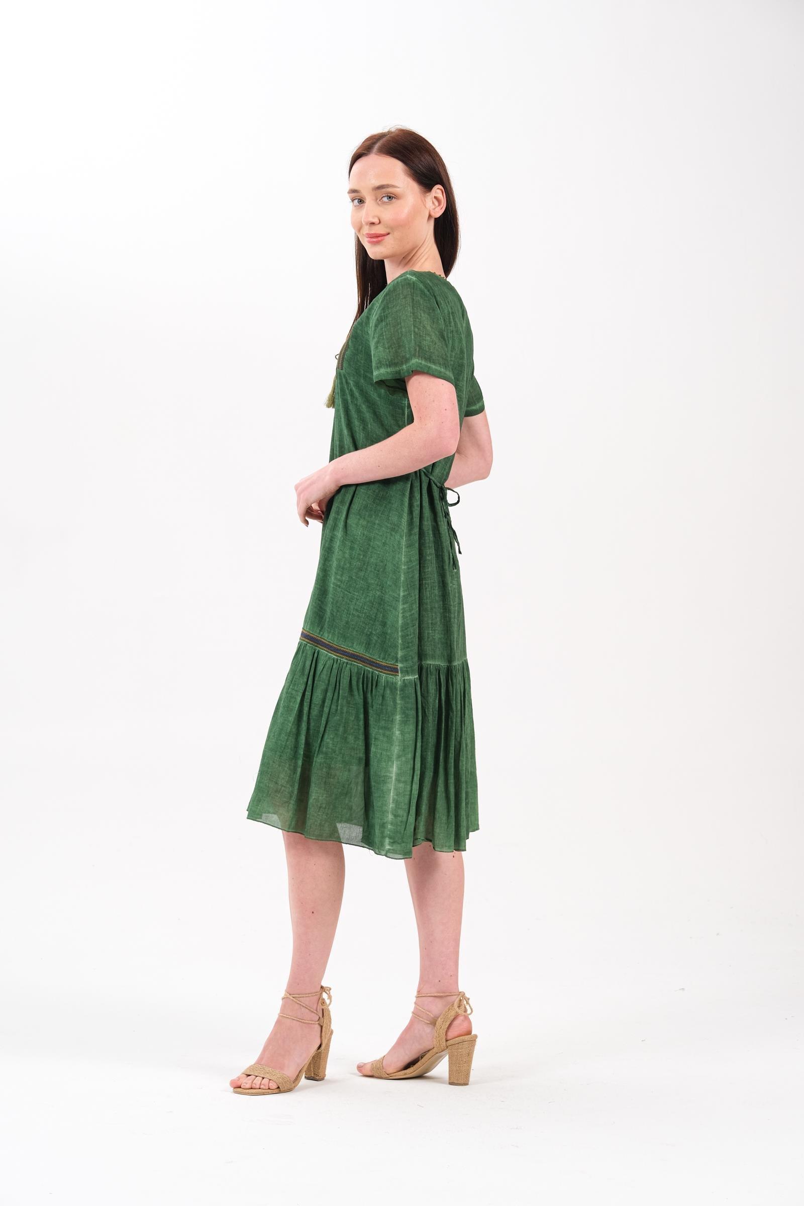 4711 Yaka Parçalı Oya İşli Kısa Kol Pamuk Otantik Elbise