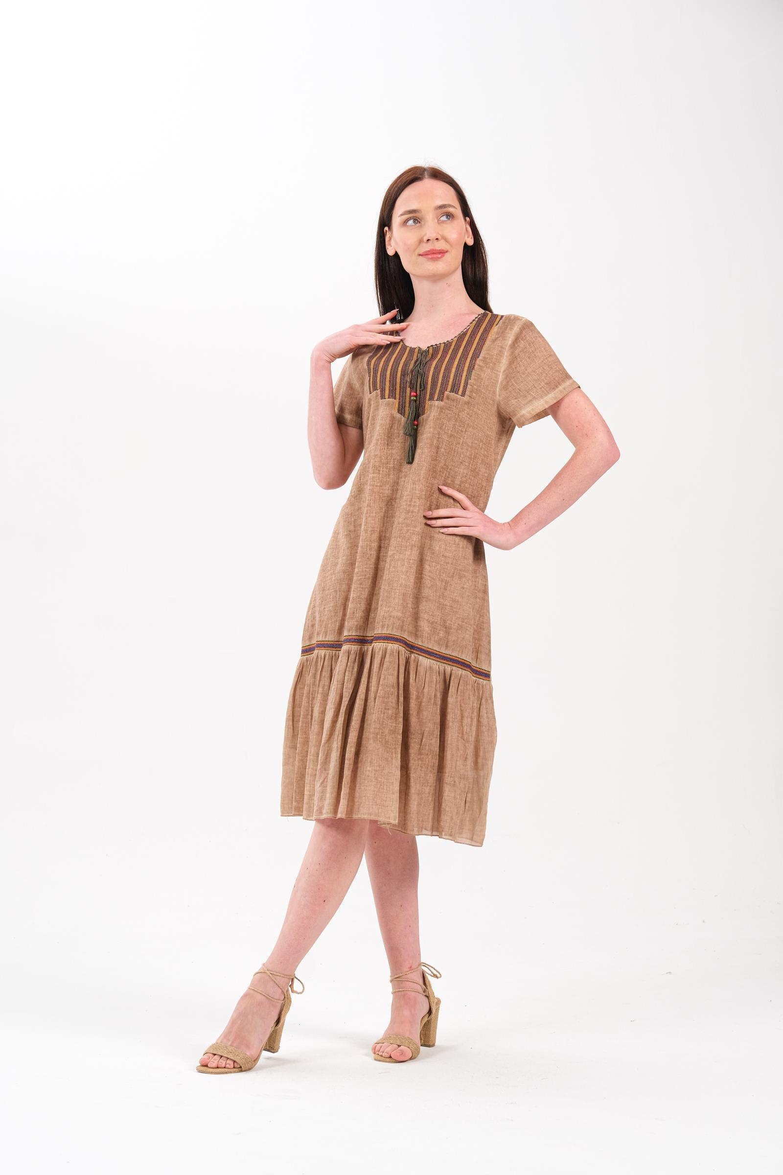 4711 Yaka Parçalı Oya İşli Kısa Kol Pamuk Otantik Elbise