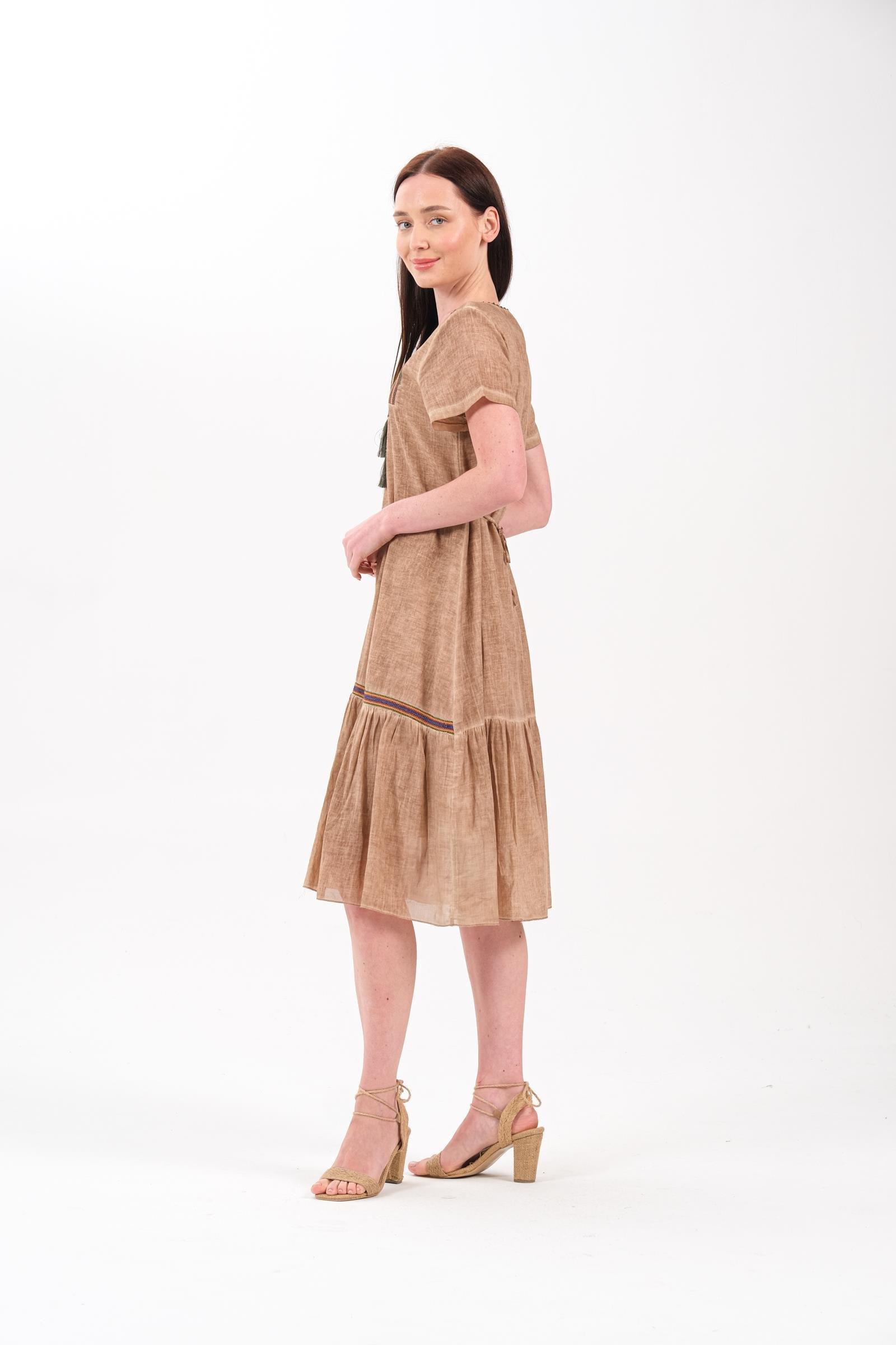 4711 Yaka Parçalı Oya İşli Kısa Kol Pamuk Otantik Elbise