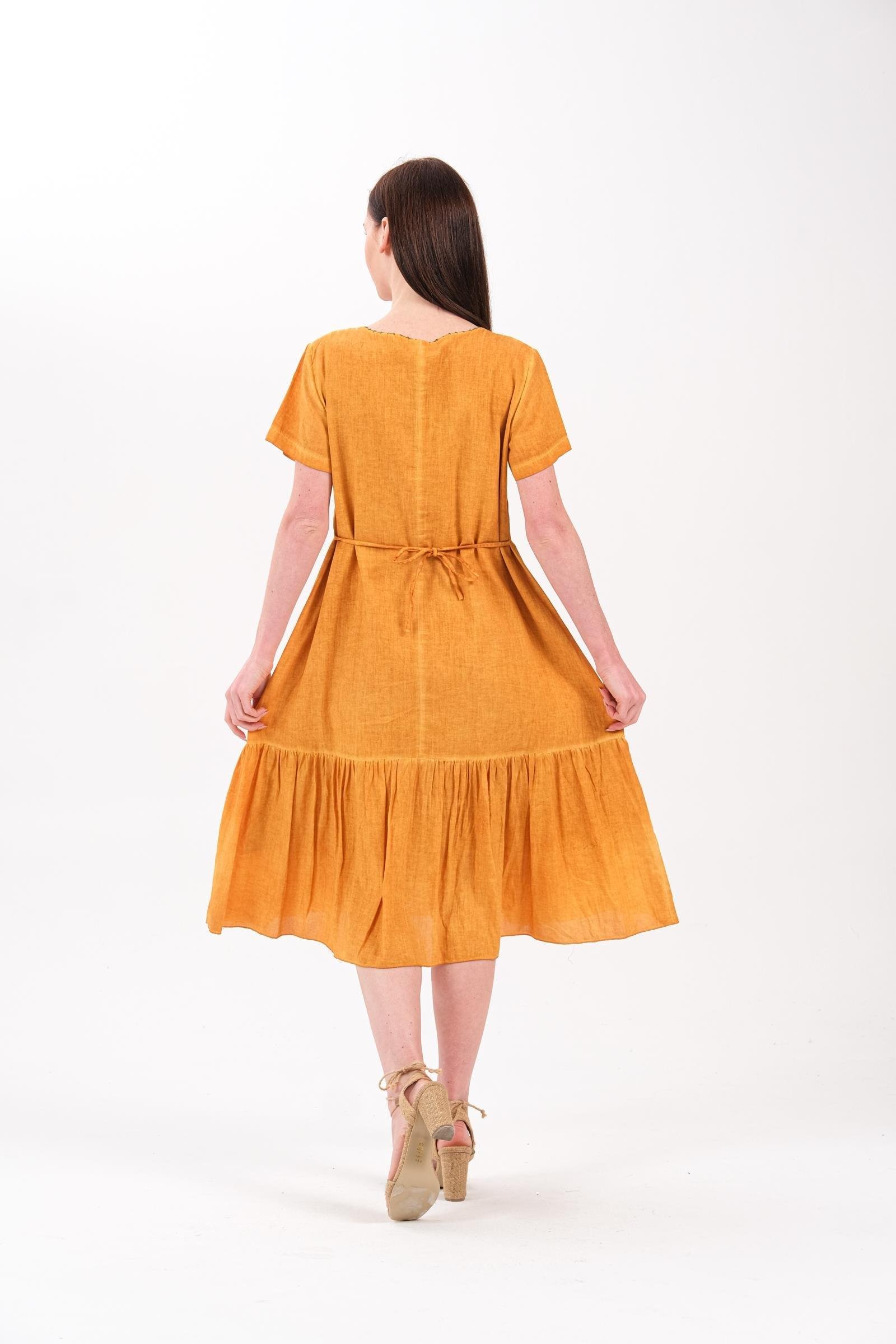 4711 Yaka Parçalı Oya İşli Kısa Kol Pamuk Otantik Elbise