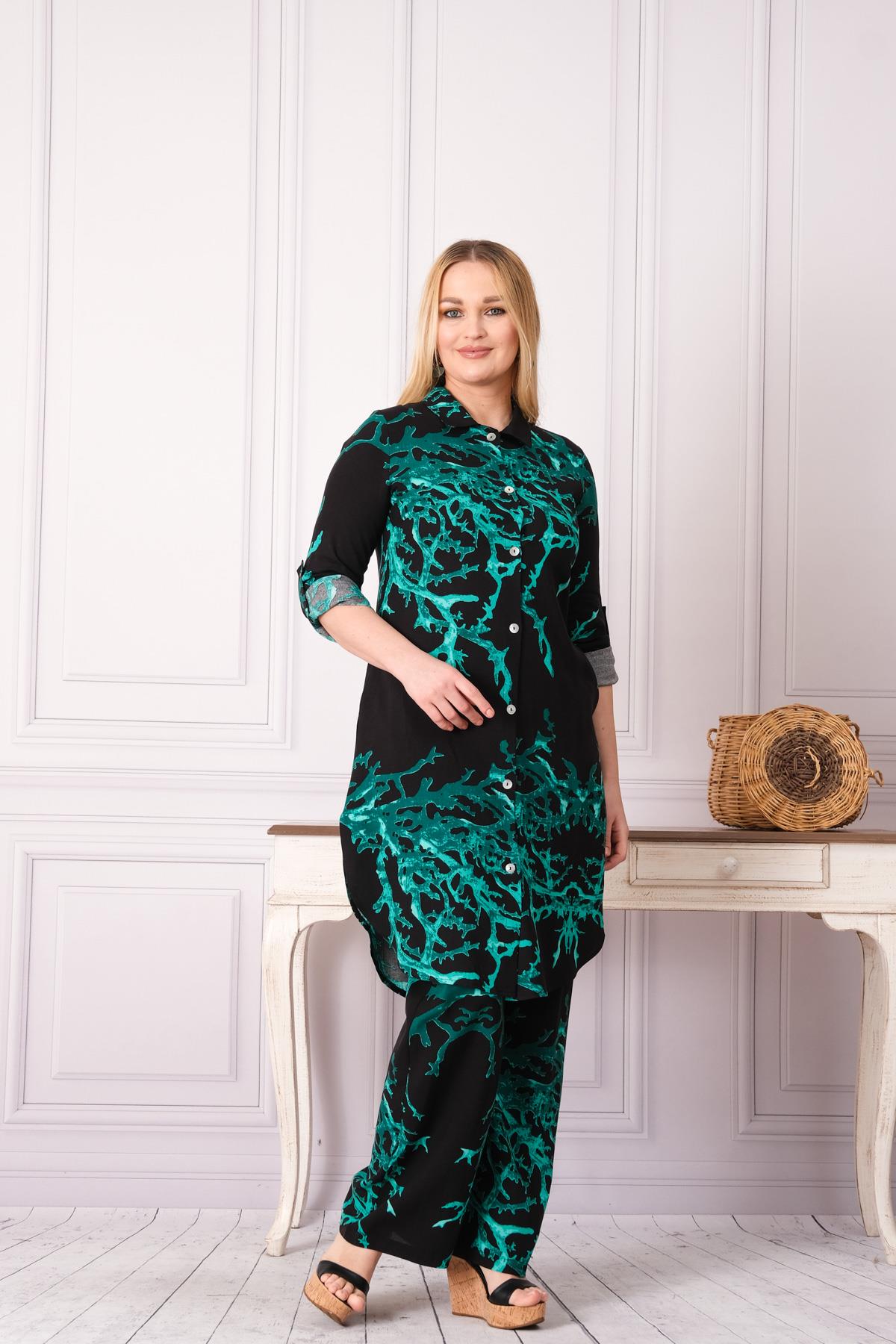 4748-1 Desenli Pamuk Gömlek Pantolon Otantik Tesettür İkili Takım