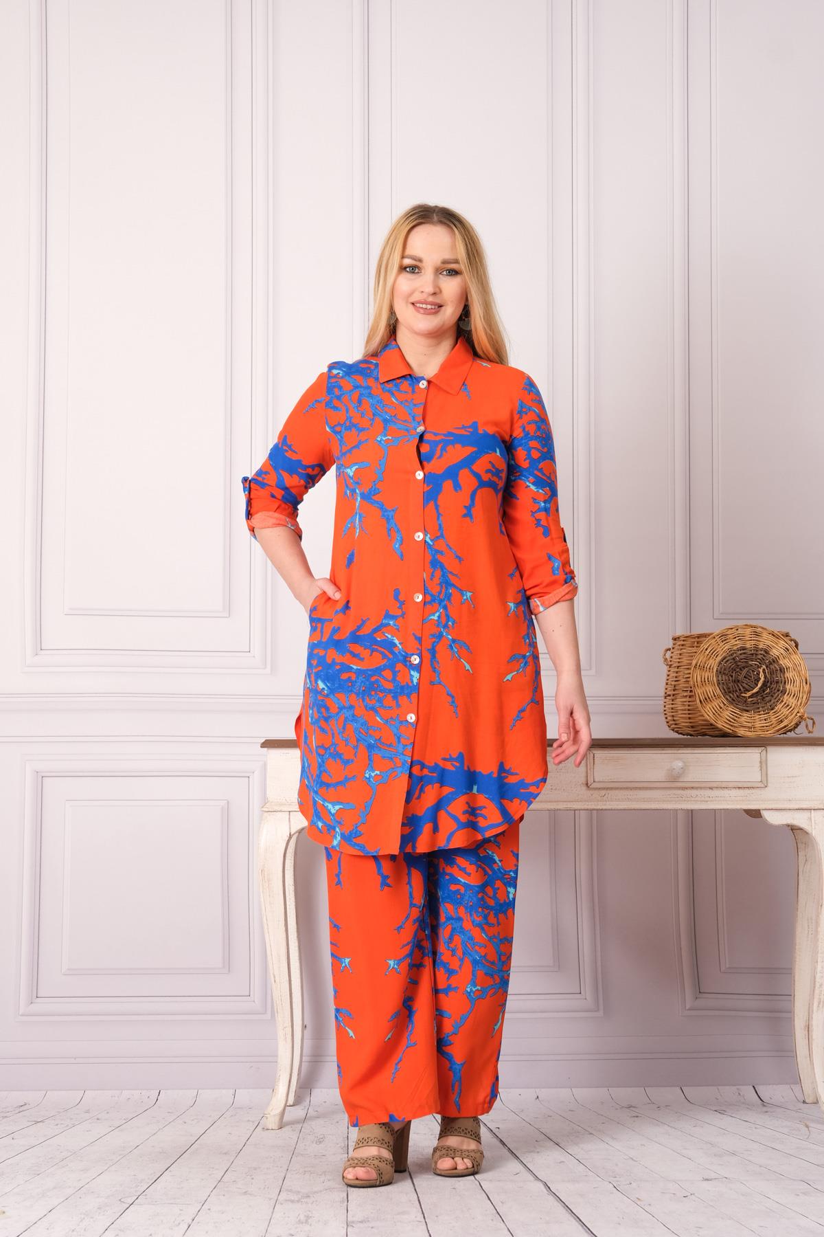 4748-1 Desenli Pamuk Gömlek Pantolon Otantik Tesettür İkili Takım