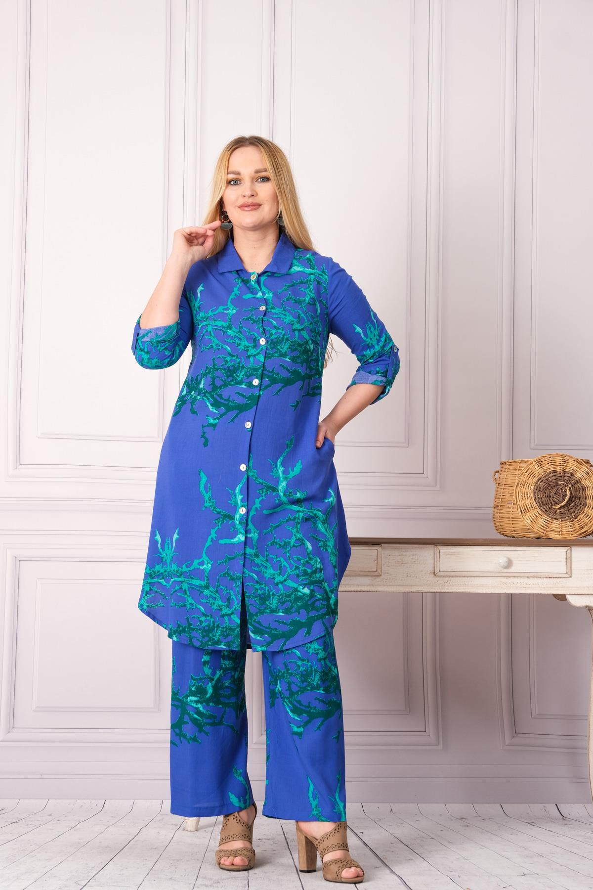 4748-1 Desenli Pamuk Gömlek Pantolon Otantik Tesettür İkili Takım