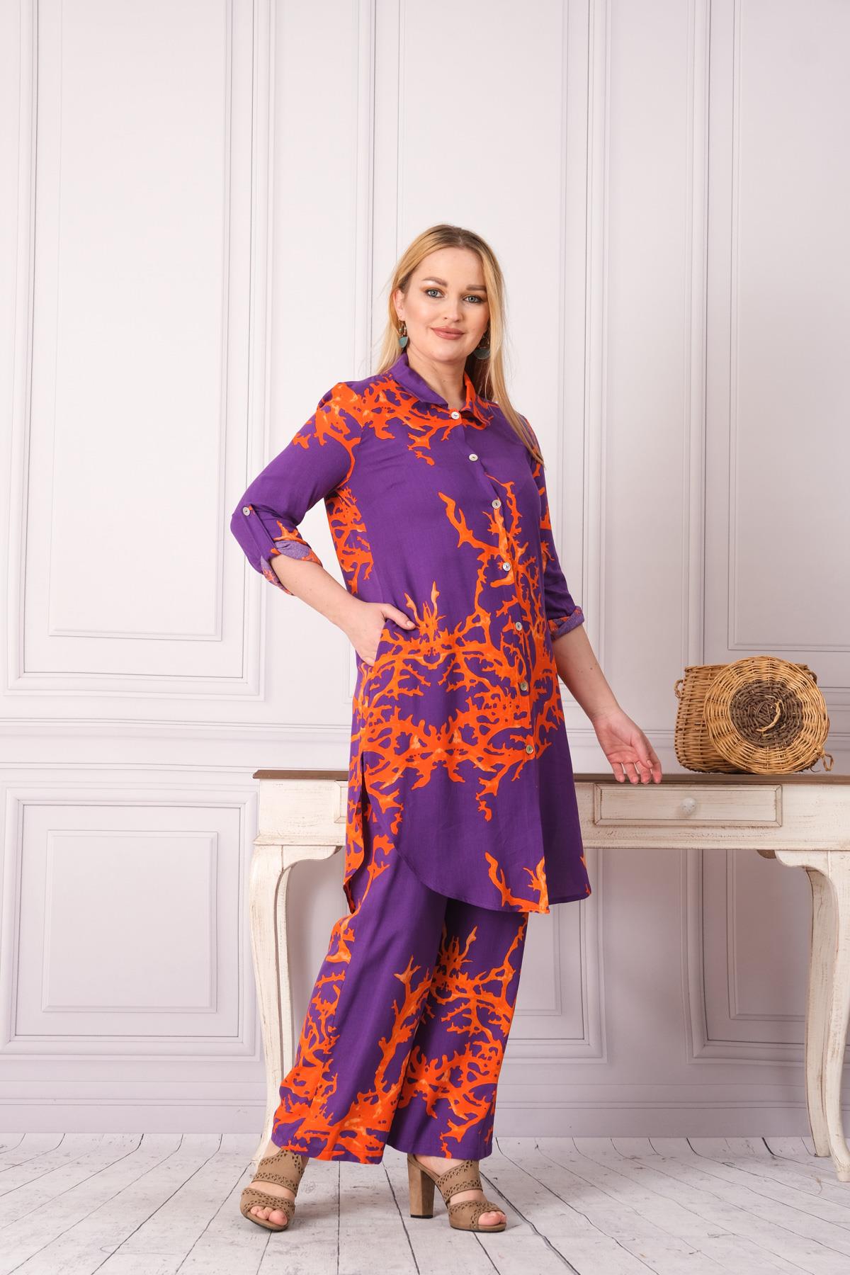 4748-1 Desenli Pamuk Gömlek Pantolon Otantik Tesettür İkili Takım