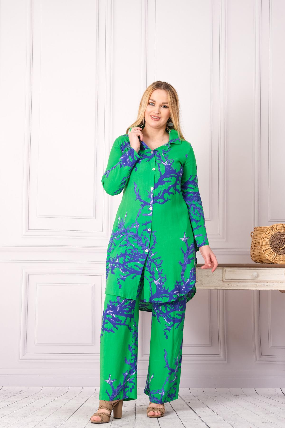 4748-1 Desenli Pamuk Gömlek Pantolon Otantik Tesettür İkili Takım