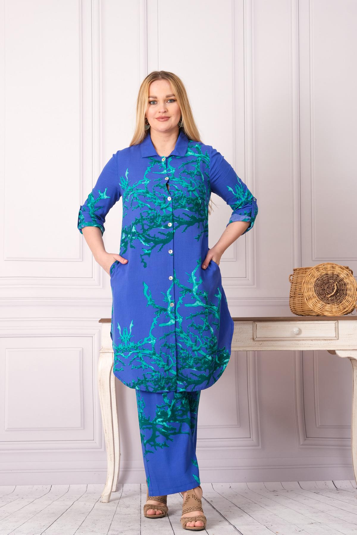 4748-1 Desenli Pamuk Gömlek Pantolon Otantik Tesettür İkili Takım