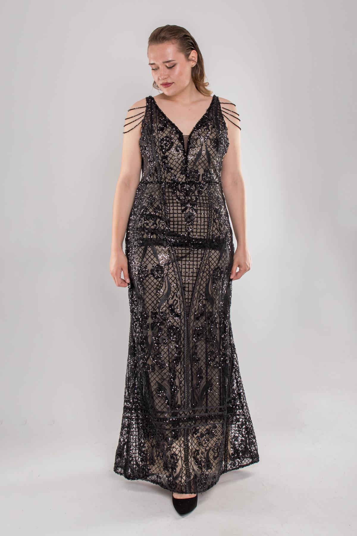 4776-2 Büyük Beden Kalın Askılı Pulpayet Püsküllü Uzun Elbise